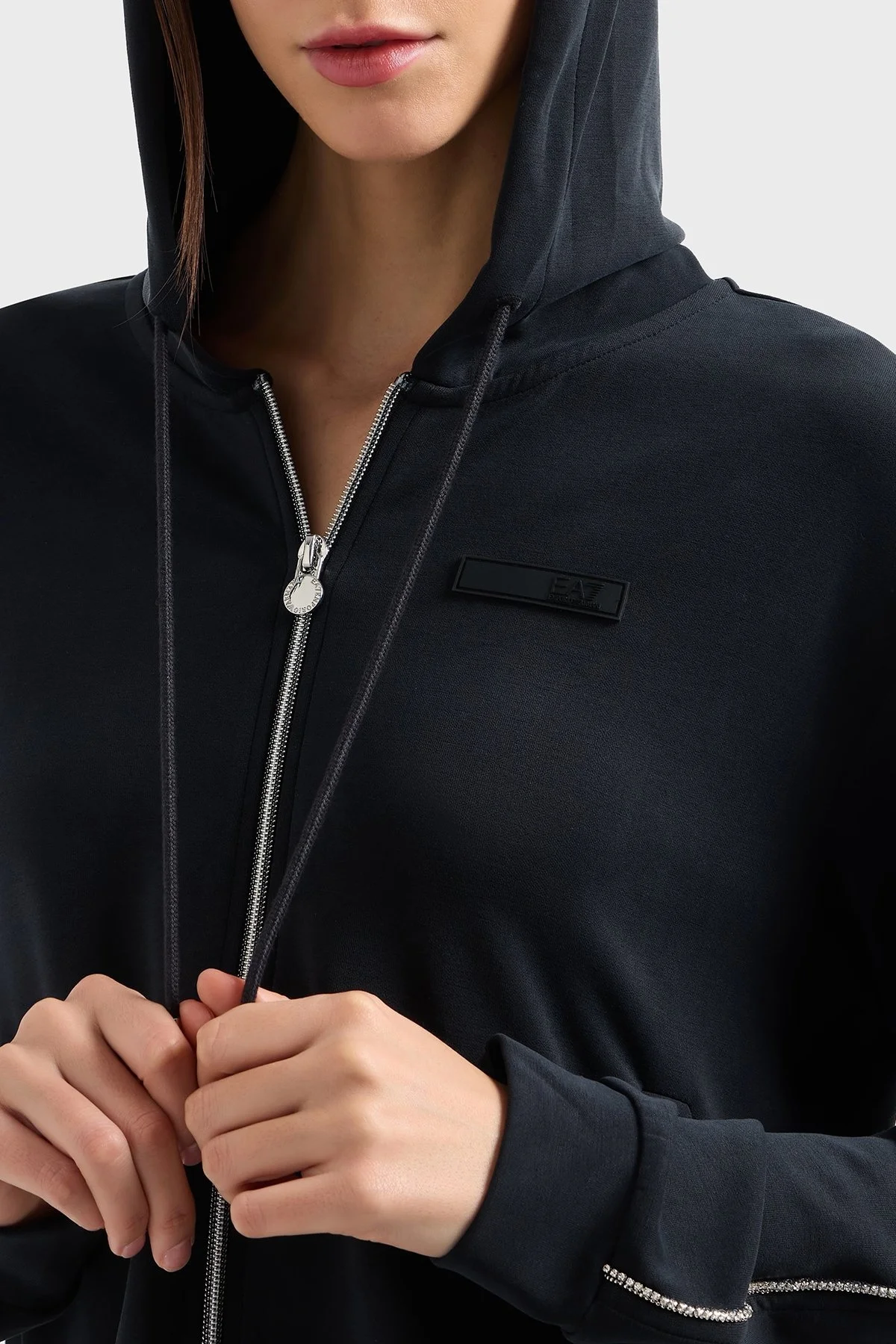 EA7 Taşlı Modal Karışımlı Regular Fit Normal Bel Bol Paça Kapüşonlu Bayan Eşofman Takımı 7W000119 AF12643 UC001 SİYAH - 4