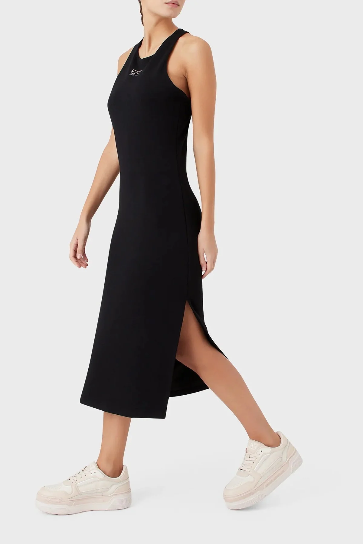 EA7 Vücuda Oturan Streç Yırtmaçlı Çapraz Sırt Detaylı Midi Bayan Elbise 3RTA57 TJLQZ 1200 SİYAH - 1