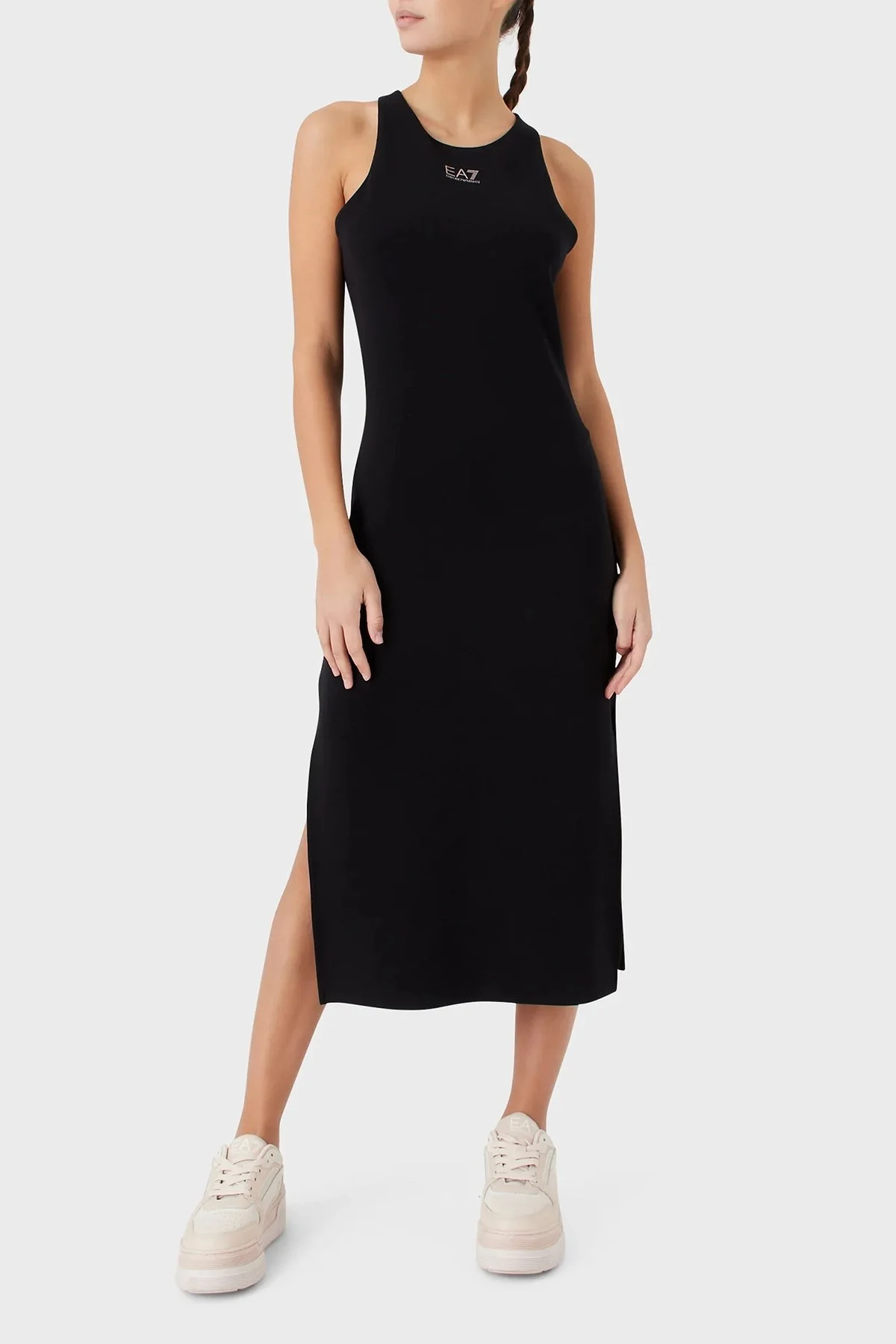 EA7 Vücuda Oturan Streç Yırtmaçlı Çapraz Sırt Detaylı Midi Bayan Elbise 3RTA57 TJLQZ 1200 SİYAH - 2