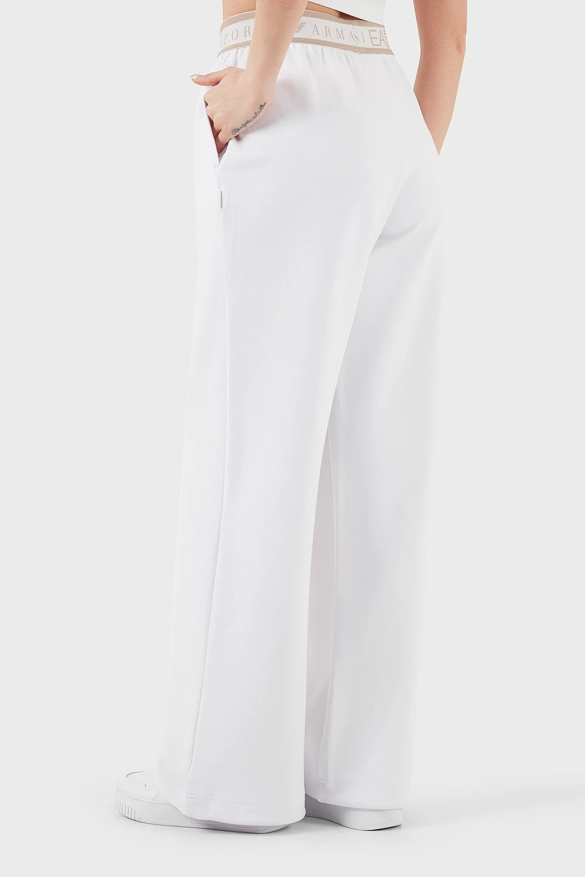EA7 Wide Leg Yüksek Bel Bol Paça Logolu Bayan Pantolon 7W000281 AF12501 U0002 BEYAZ - 5