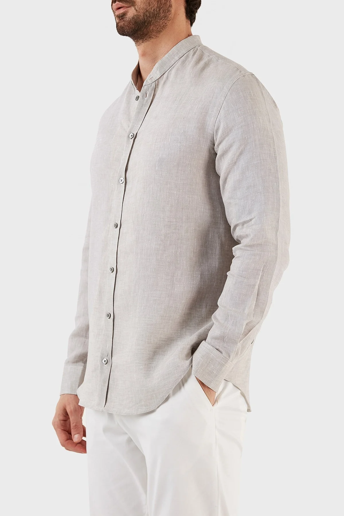 Emporio Armani % 100 Keten Regular Fit Bant Yaka Uzun Kollu Erkek Gömlek D41SMG D10F9 600 GRİ - 9