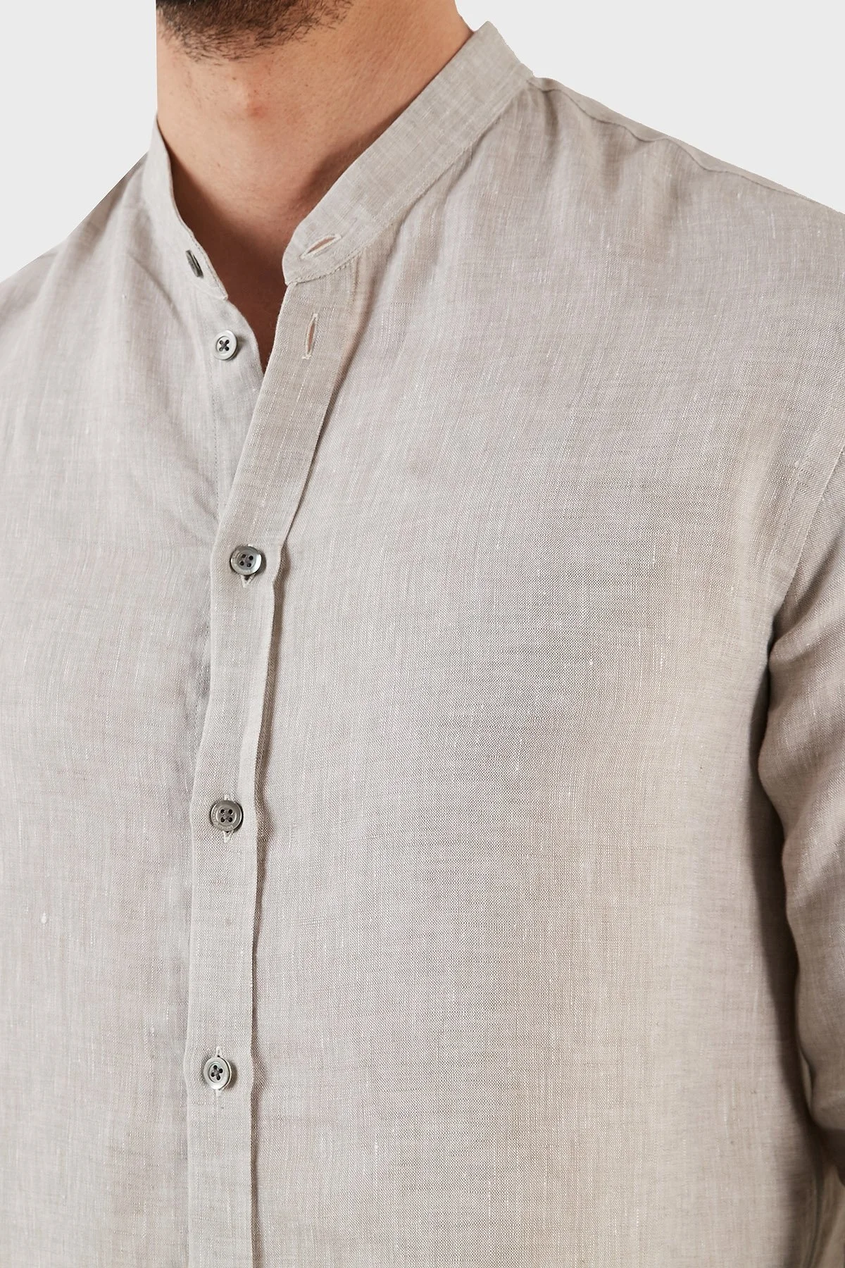 Emporio Armani % 100 Keten Regular Fit Bant Yaka Uzun Kollu Erkek Gömlek D41SMG D10F9 600 GRİ - 10