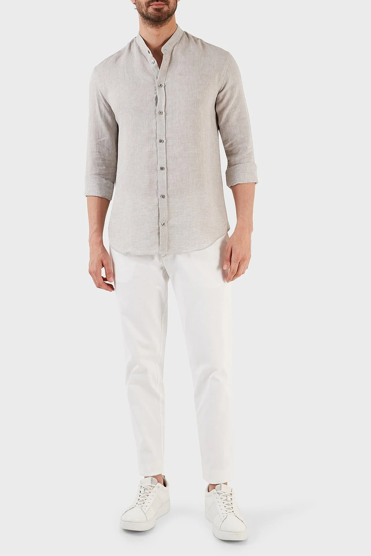 Emporio Armani % 100 Keten Regular Fit Bant Yaka Uzun Kollu Erkek Gömlek D41SMG D10F9 600 GRİ - 11