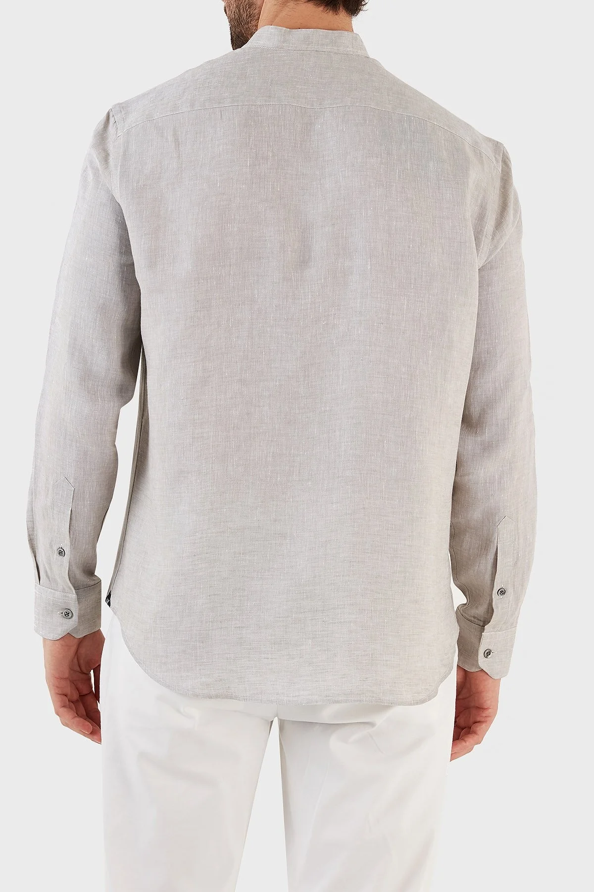 Emporio Armani % 100 Keten Regular Fit Bant Yaka Uzun Kollu Erkek Gömlek D41SMG D10F9 600 GRİ - 12
