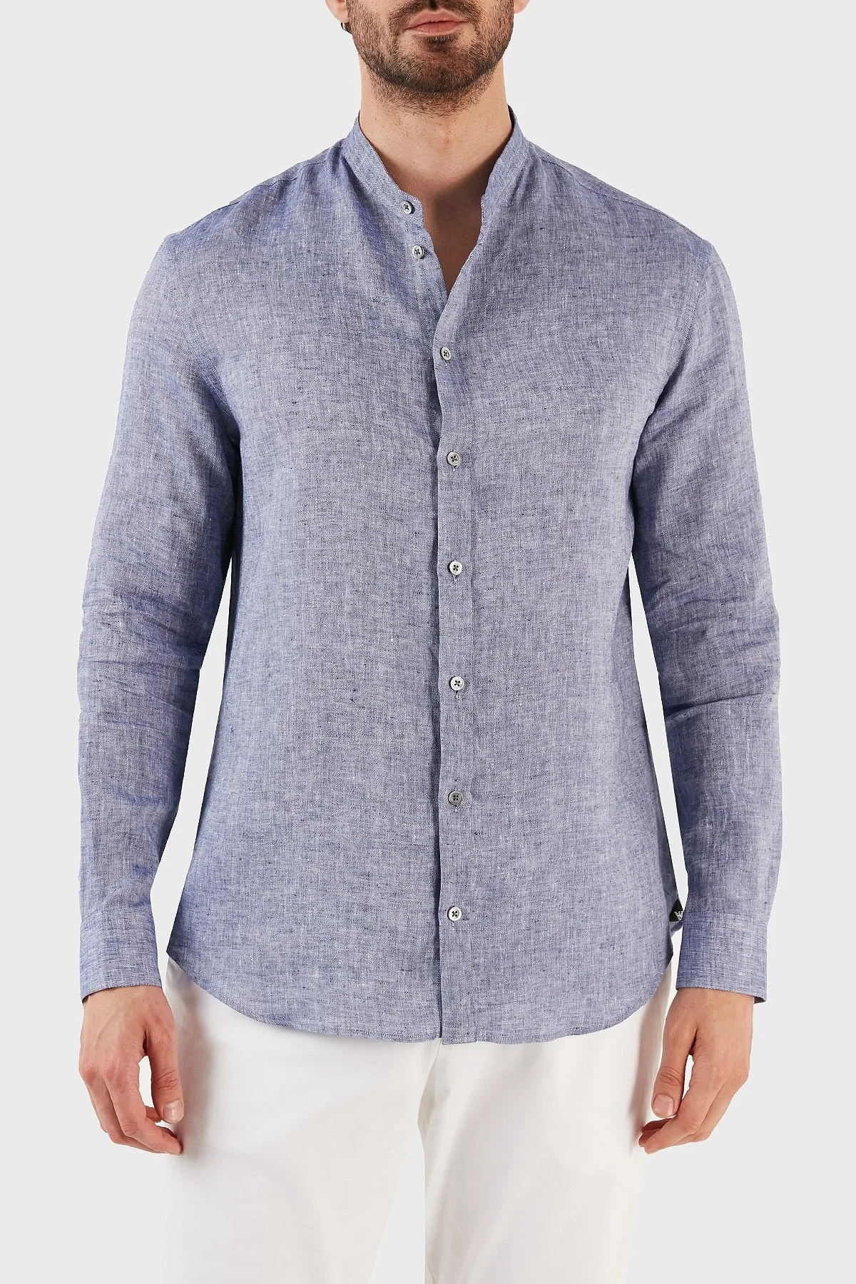 Emporio Armani % 100 Keten Regular Fit Bant Yaka Uzun Kollu Erkek Gömlek D41SMG D10F9 919 LACİVERT - 1