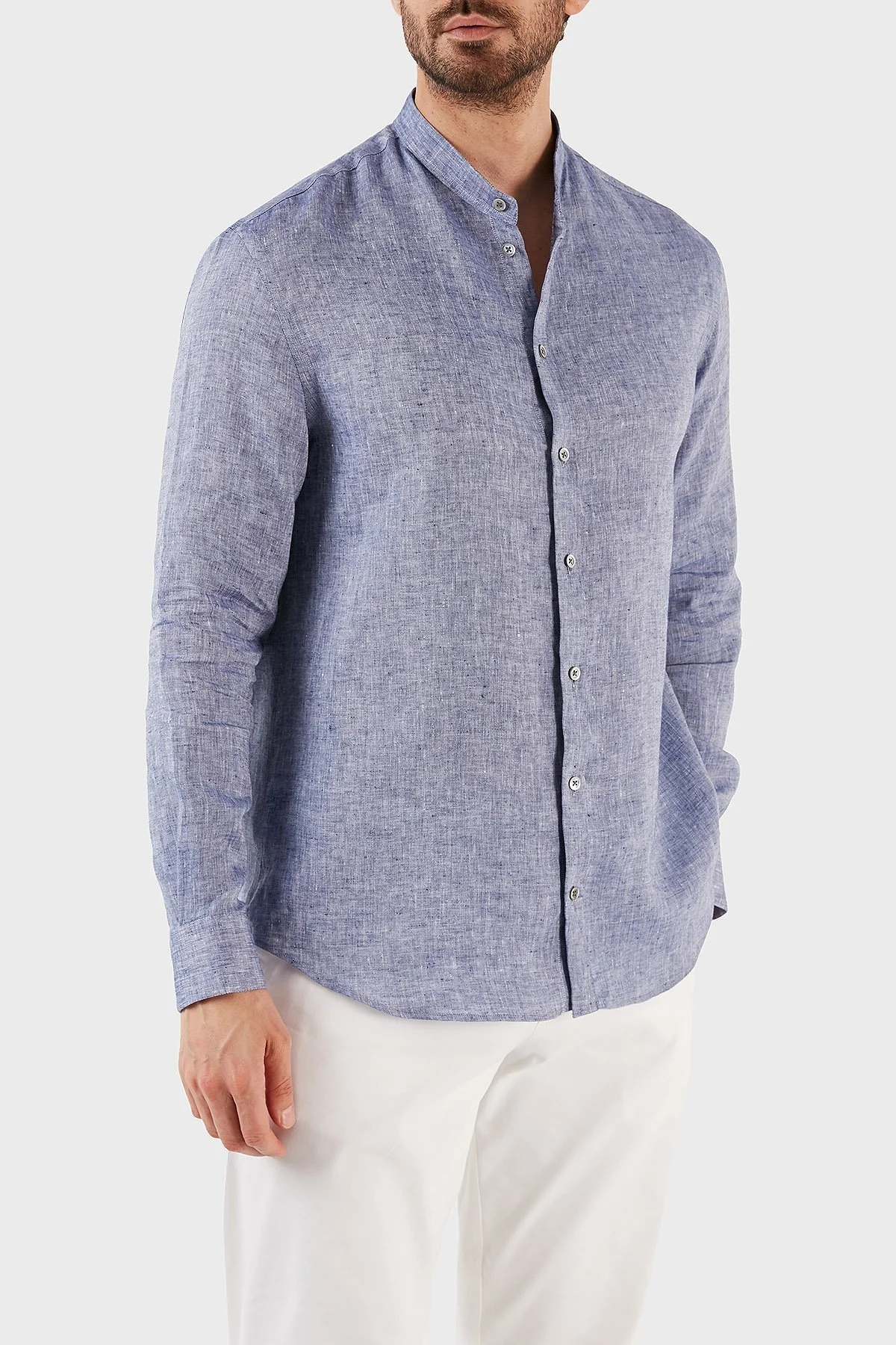 Emporio Armani % 100 Keten Regular Fit Bant Yaka Uzun Kollu Erkek Gömlek D41SMG D10F9 919 LACİVERT - 2