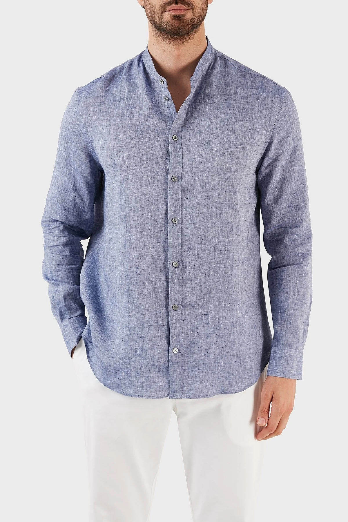Emporio Armani % 100 Keten Regular Fit Bant Yaka Uzun Kollu Erkek Gömlek D41SMG D10F9 919 LACİVERT - 3