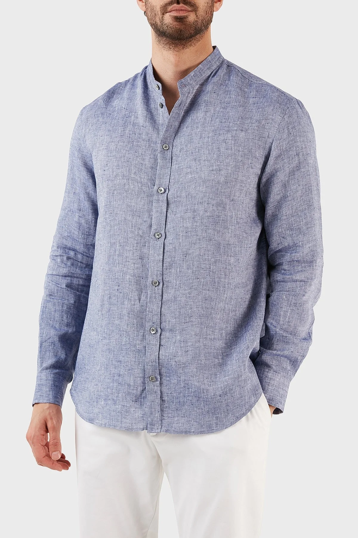 Emporio Armani % 100 Keten Regular Fit Bant Yaka Uzun Kollu Erkek Gömlek D41SMG D10F9 919 LACİVERT - 4