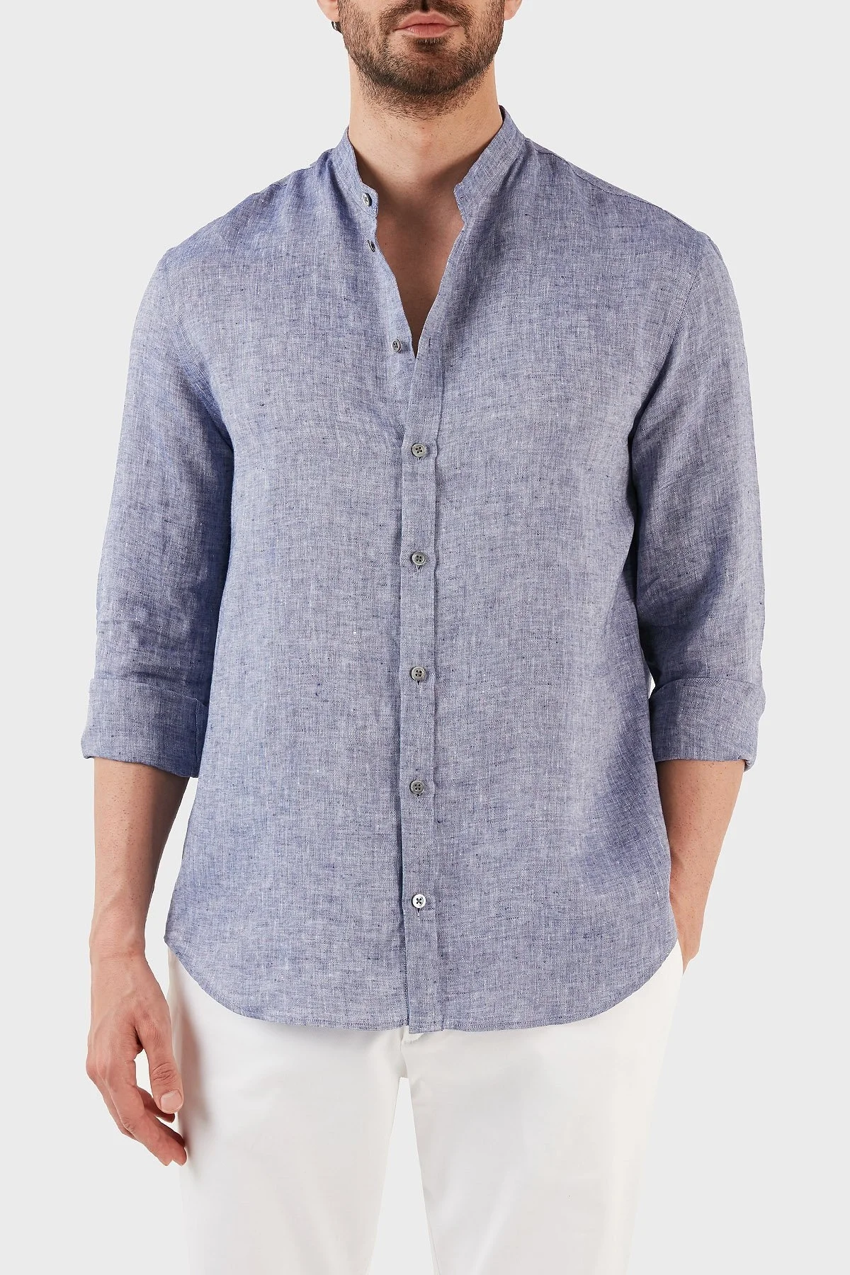 Emporio Armani % 100 Keten Regular Fit Bant Yaka Uzun Kollu Erkek Gömlek D41SMG D10F9 919 LACİVERT - 5