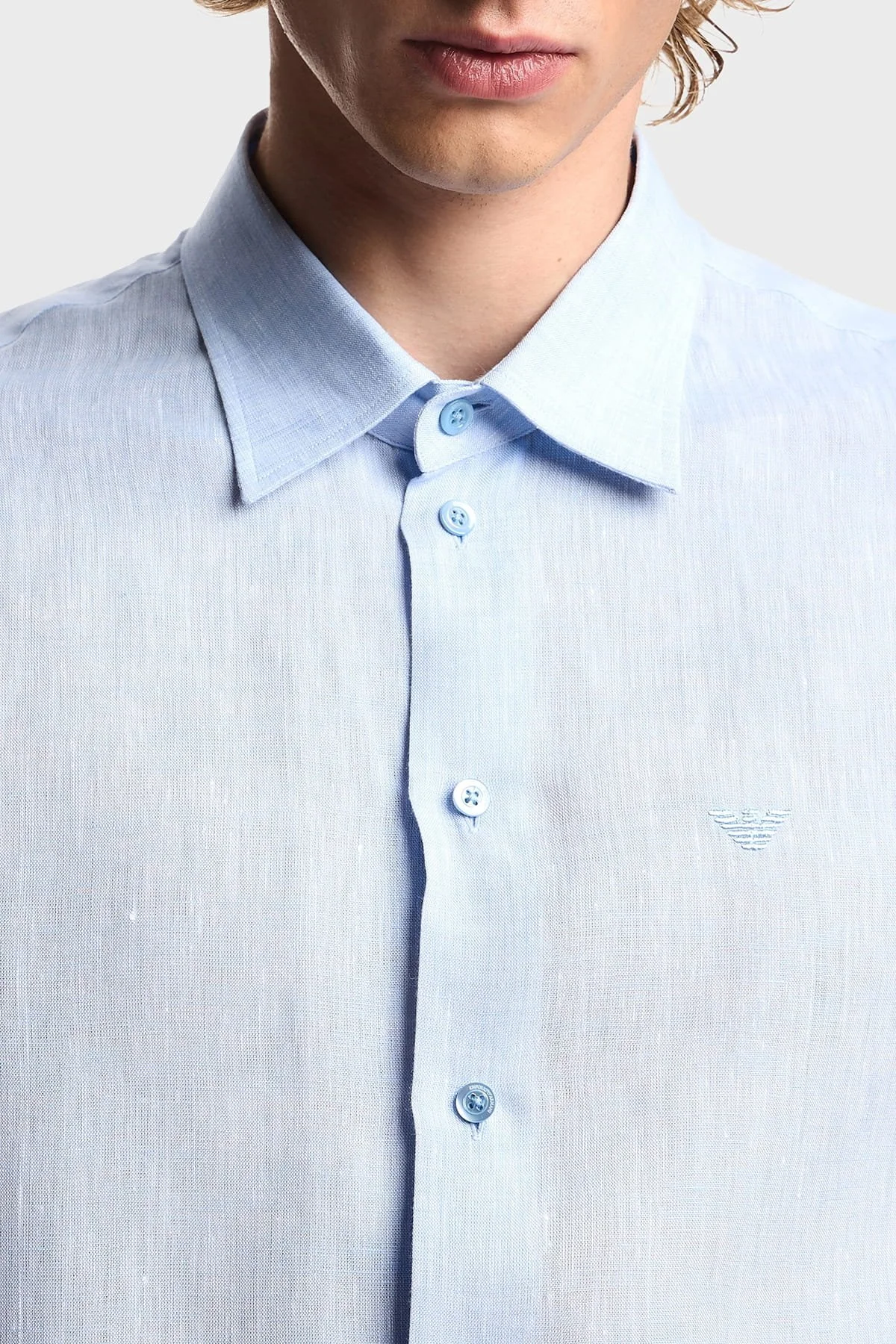 Emporio Armani % 100 Keten Regular Fit Klasik Yaka Uzun Kollu Erkek Gömlek EM000099 TE10157 O9002 MAVİ - 4