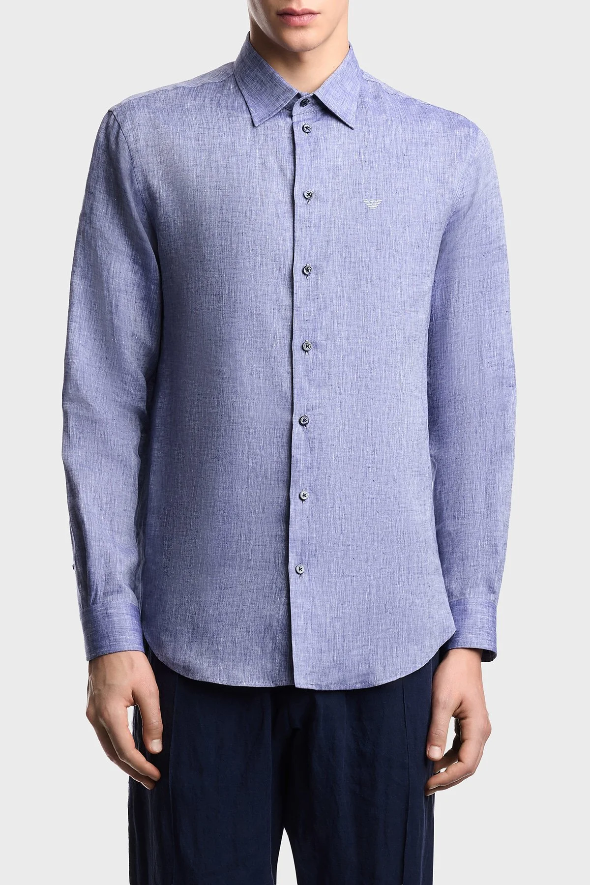 Emporio Armani % 100 Keten Regular Fit Klasik Yaka Uzun Kollu Erkek Gömlek EM000099 TE10157 OB003 MAVİ - 1