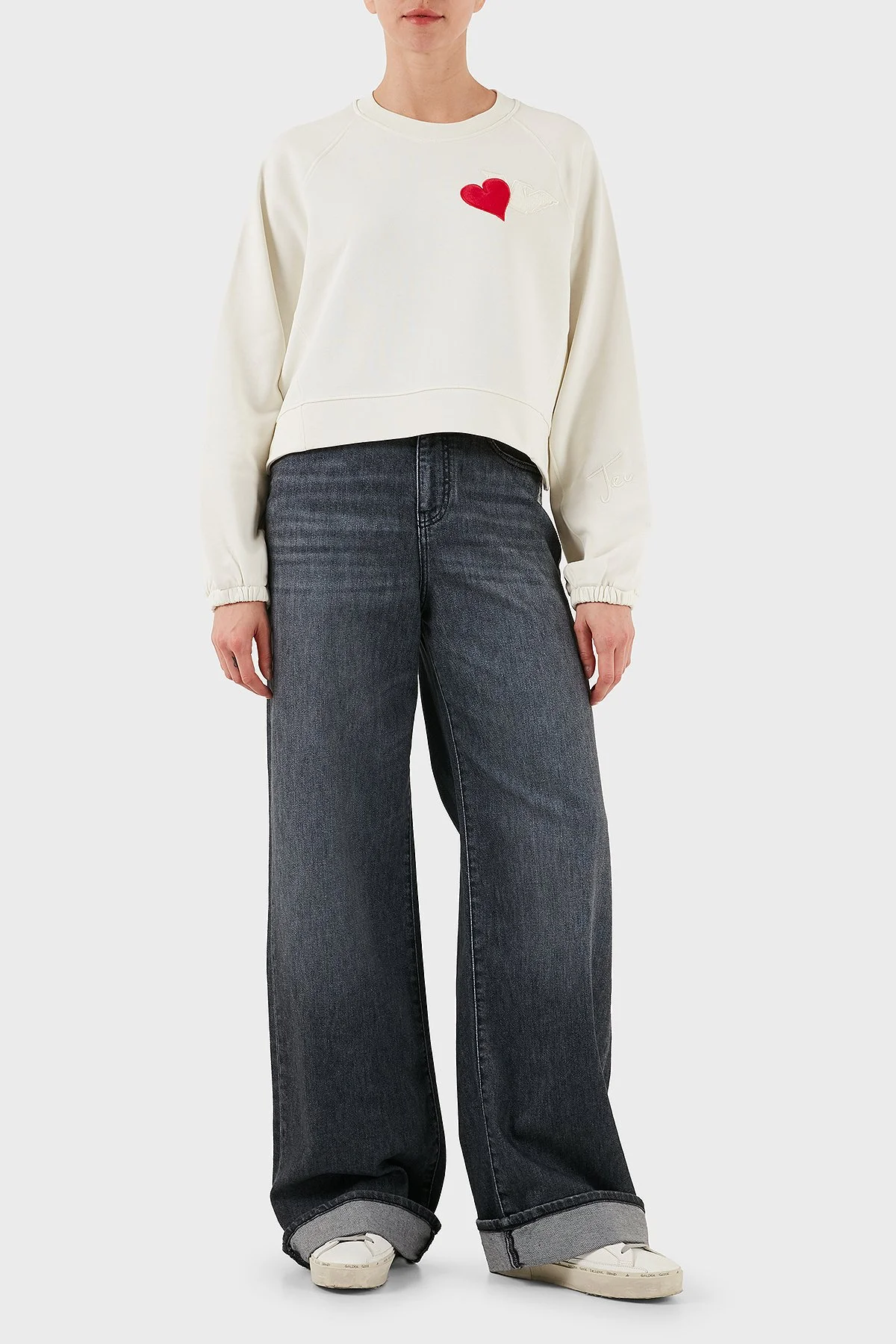 Emporio Armani % 100 Pamuk Comfort Fit Minimal Desenli Bayan Sweat EW002122 AF12538 U1144 EKRU - 2