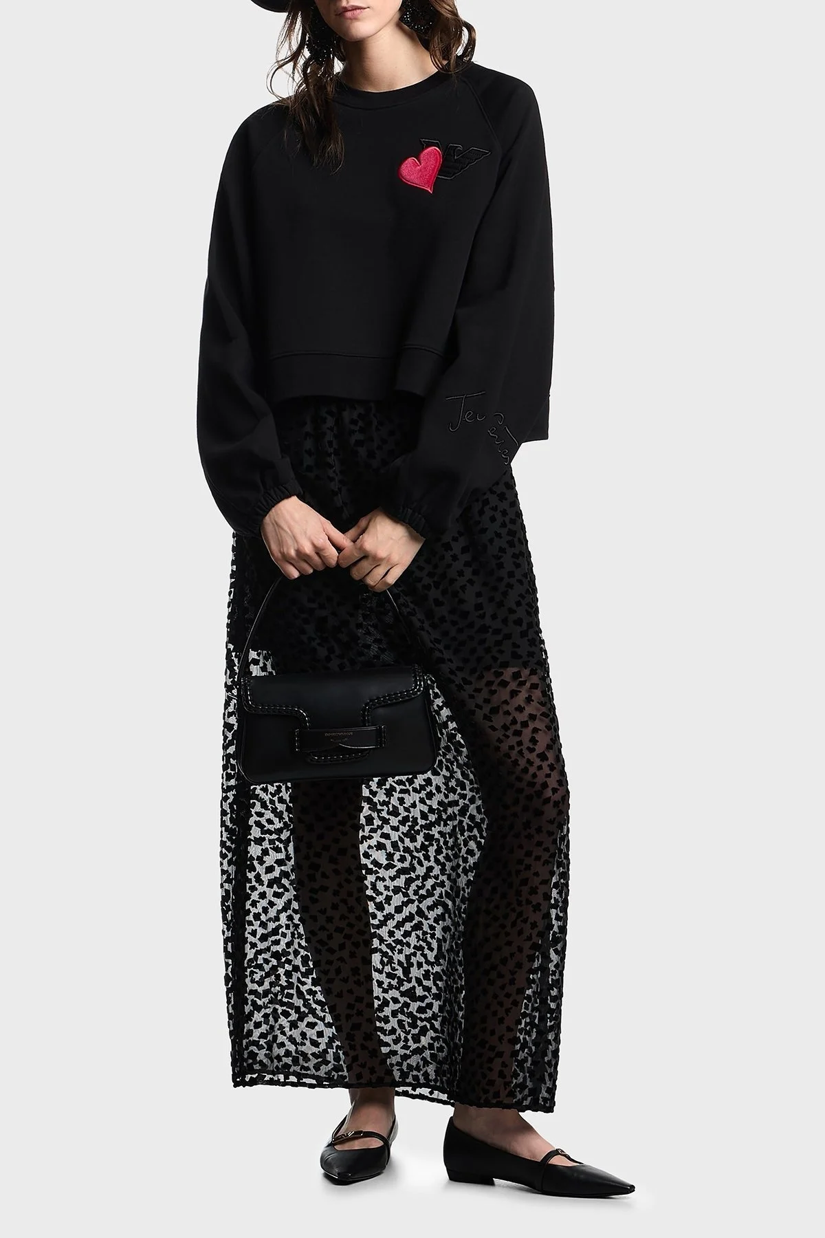 Emporio Armani % 100 Pamuk Comfort Fit Minimal Desenli Bayan Sweat EW002122 AF12538 UC001 SİYAH - 2