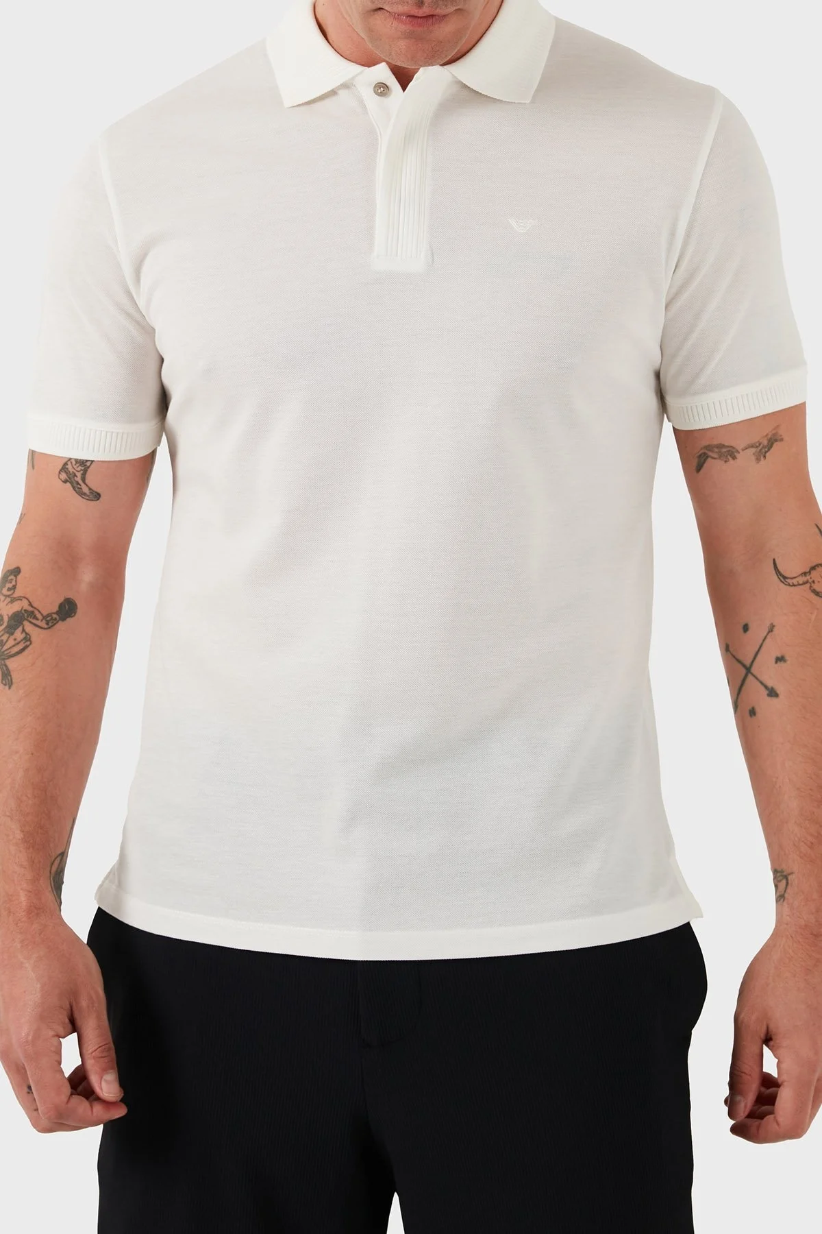 Emporio Armani % 100 Pamuk Gizli Düğmeli Erkek Polo Yaka T Shirt EM000850 AF12955 U0003 BEYAZ - 1