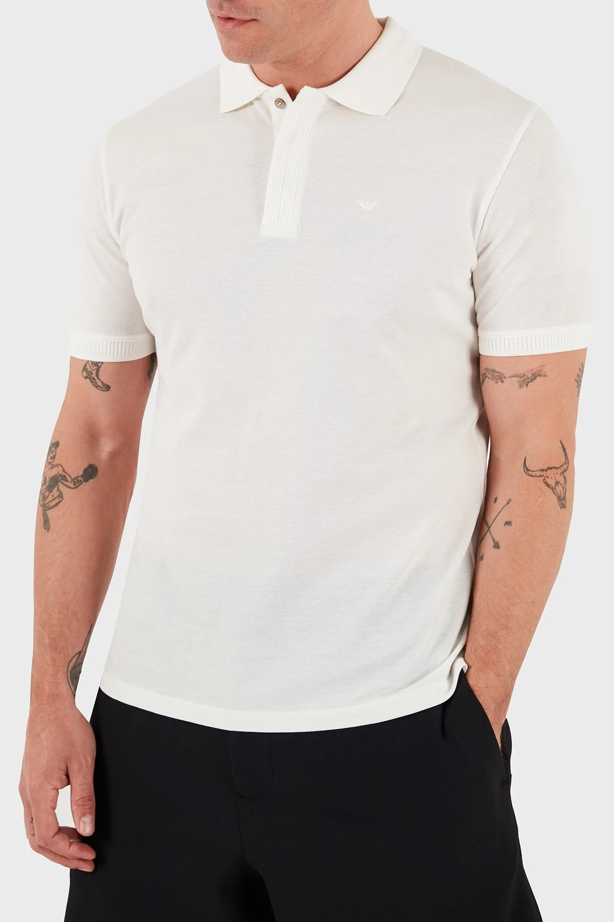 Emporio Armani % 100 Pamuk Gizli Düğmeli Erkek Polo Yaka T Shirt EM000850 AF12955 U0003 BEYAZ - 3