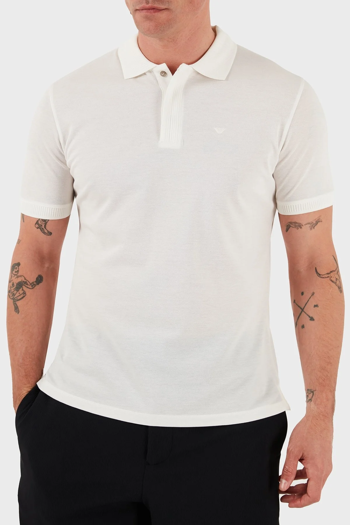 Emporio Armani % 100 Pamuk Gizli Düğmeli Erkek Polo Yaka T Shirt EM000850 AF12955 U0003 BEYAZ - 4