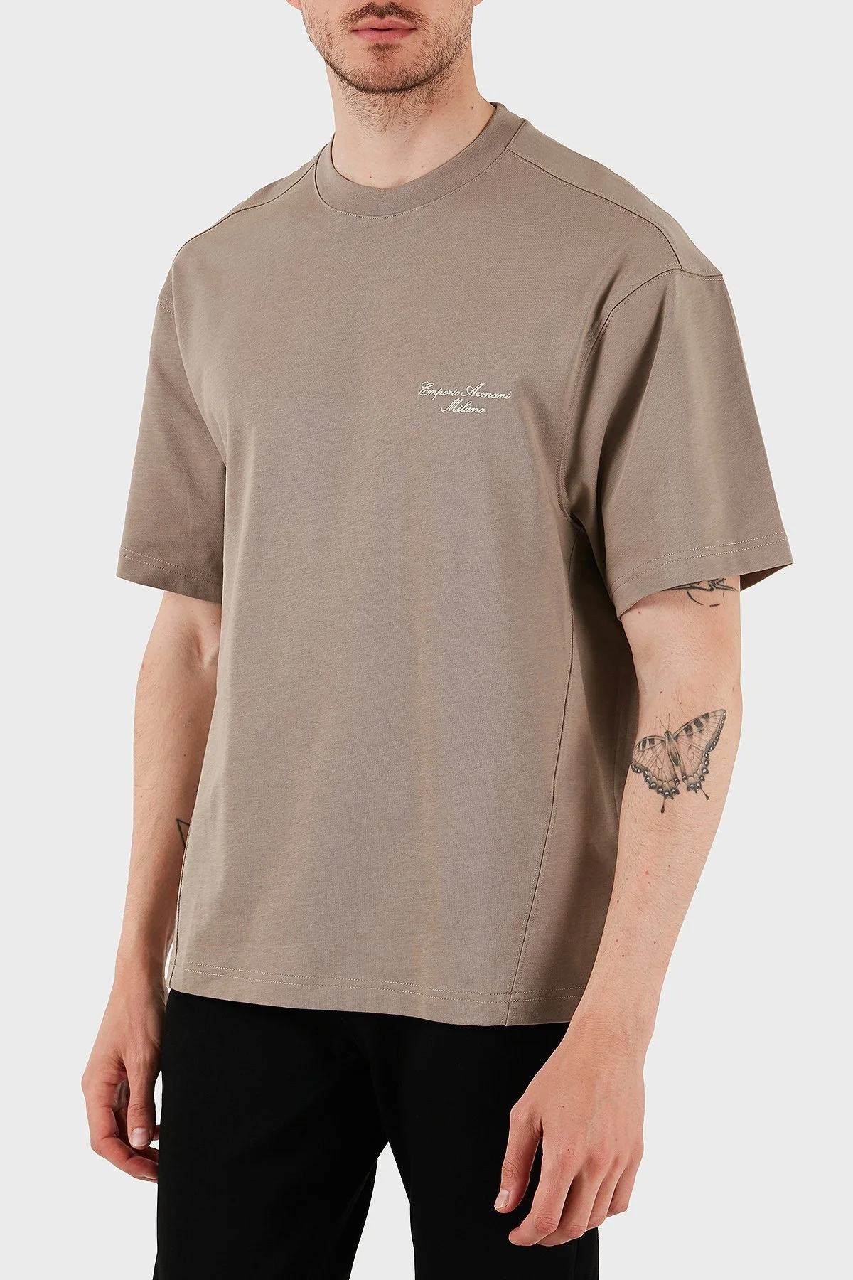 Emporio Armani % 100 Pamuk Oversize Bisiklet Yaka Logolu Erkek T Shirt EM001060 AF13715 U6107 VİZON - 1