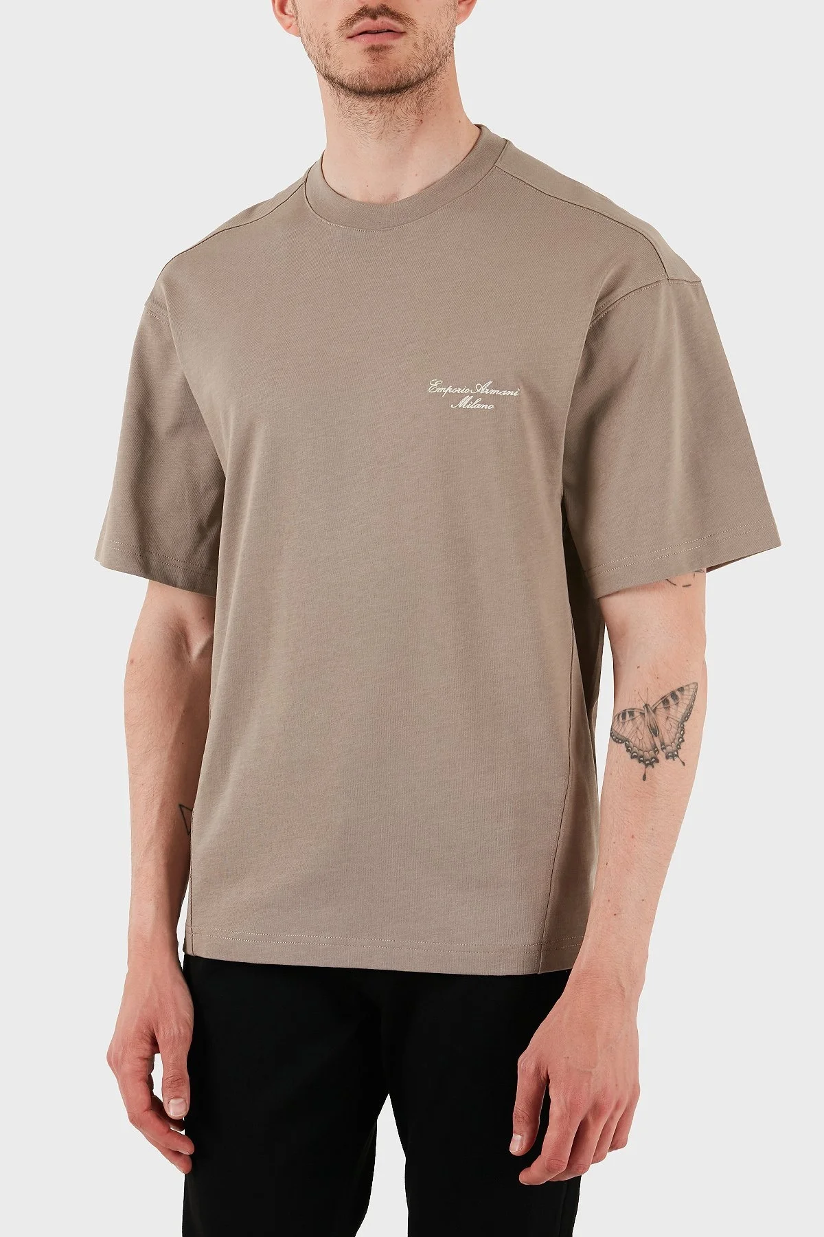 Emporio Armani % 100 Pamuk Oversize Bisiklet Yaka Logolu Erkek T Shirt EM001060 AF13715 U6107 VİZON - 3