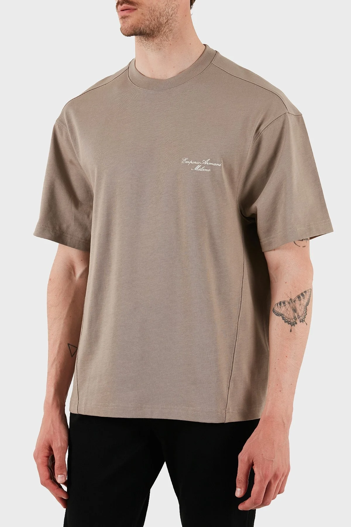 Emporio Armani % 100 Pamuk Oversize Bisiklet Yaka Logolu Erkek T Shirt EM001060 AF13715 U6107 VİZON - 4