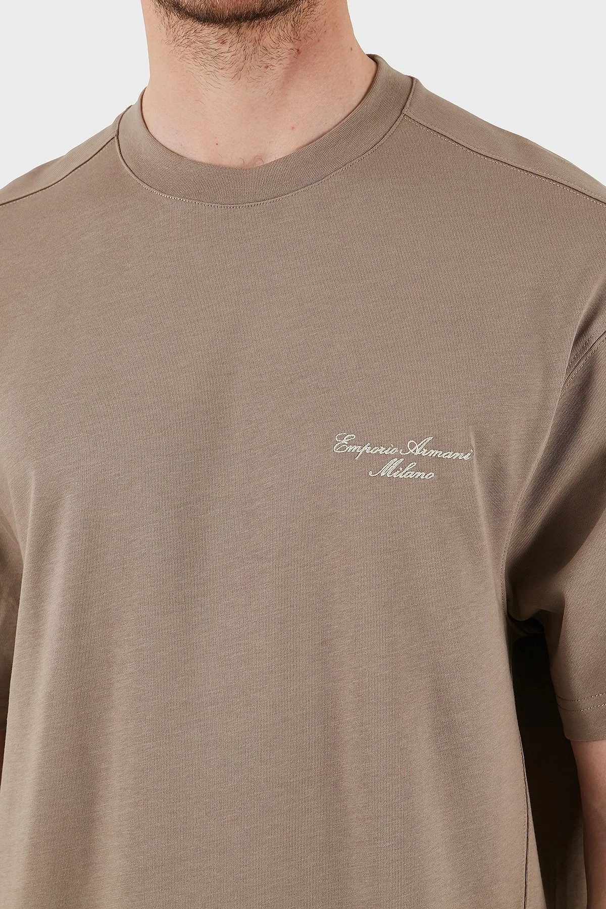 Emporio Armani % 100 Pamuk Oversize Bisiklet Yaka Logolu Erkek T Shirt EM001060 AF13715 U6107 VİZON - 5