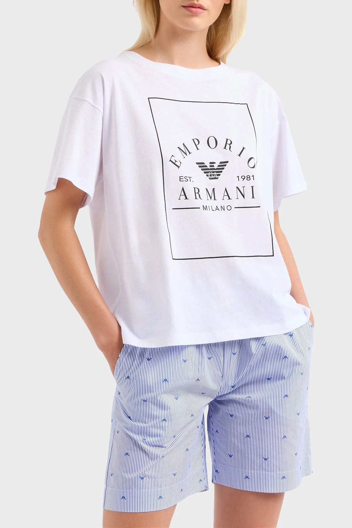 Emporio Armani % 100 Pamuk Oversize Fit Bisiklet Yaka Logolu Bayan T Shirt EW000553 AF10887 U0002 BEYAZ - 5
