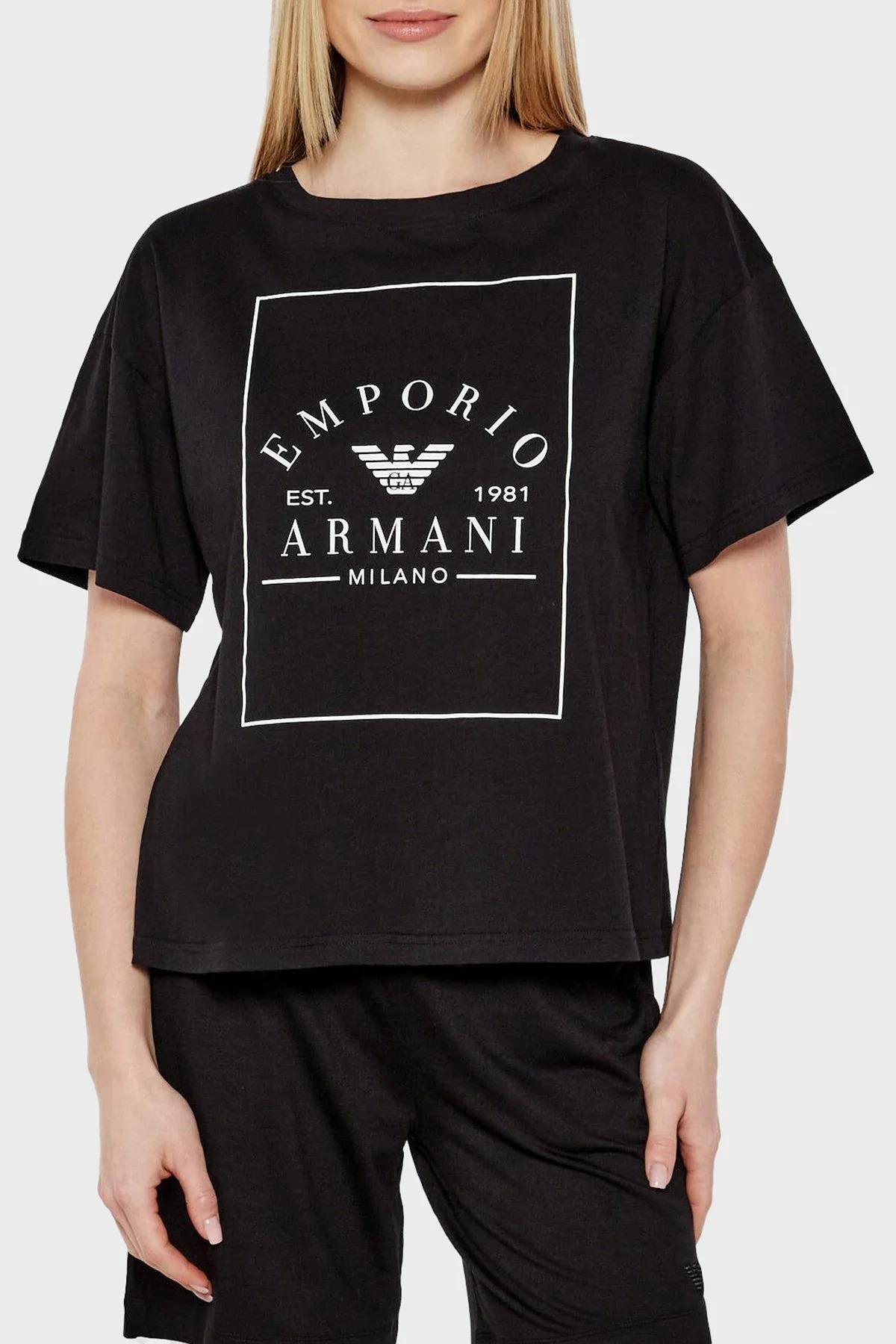 Emporio Armani % 100 Pamuk Oversize Fit Bisiklet Yaka Logolu Bayan T Shirt EW000553 AF10887 UC001 SİYAH - 6