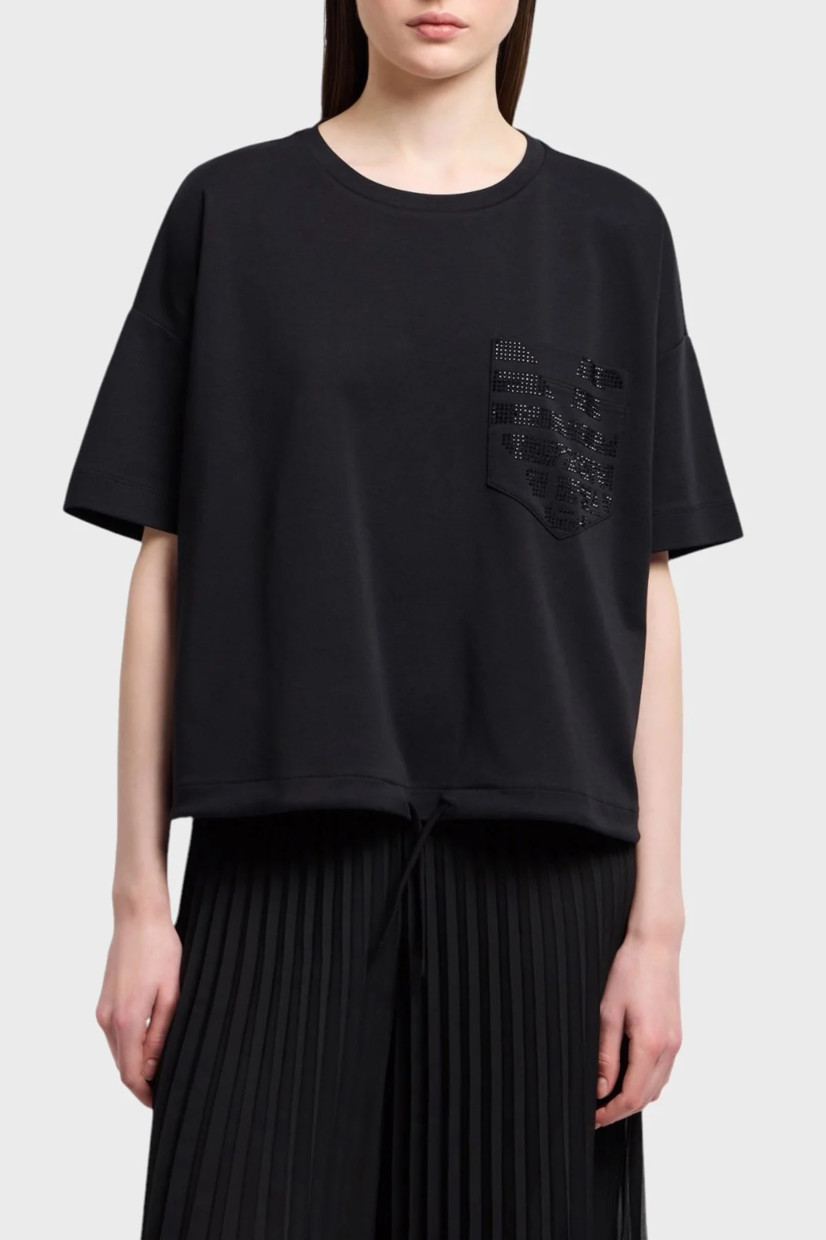 Emporio Armani % 100 Pamuk Oversize Fit Bisiklet Yaka Tek Cepli Bayan T Shirt EW000891 AF12545 UC001 SİYAH - 6