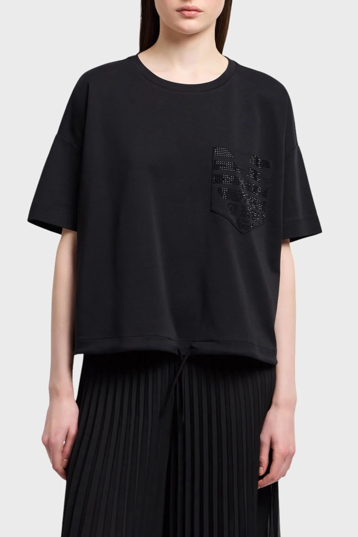 Emporio Armani % 100 Pamuk Oversize Fit Bisiklet Yaka Tek Cepli Kadın T Shirt EW000891 AF12545 UC001 SİYAH - 1