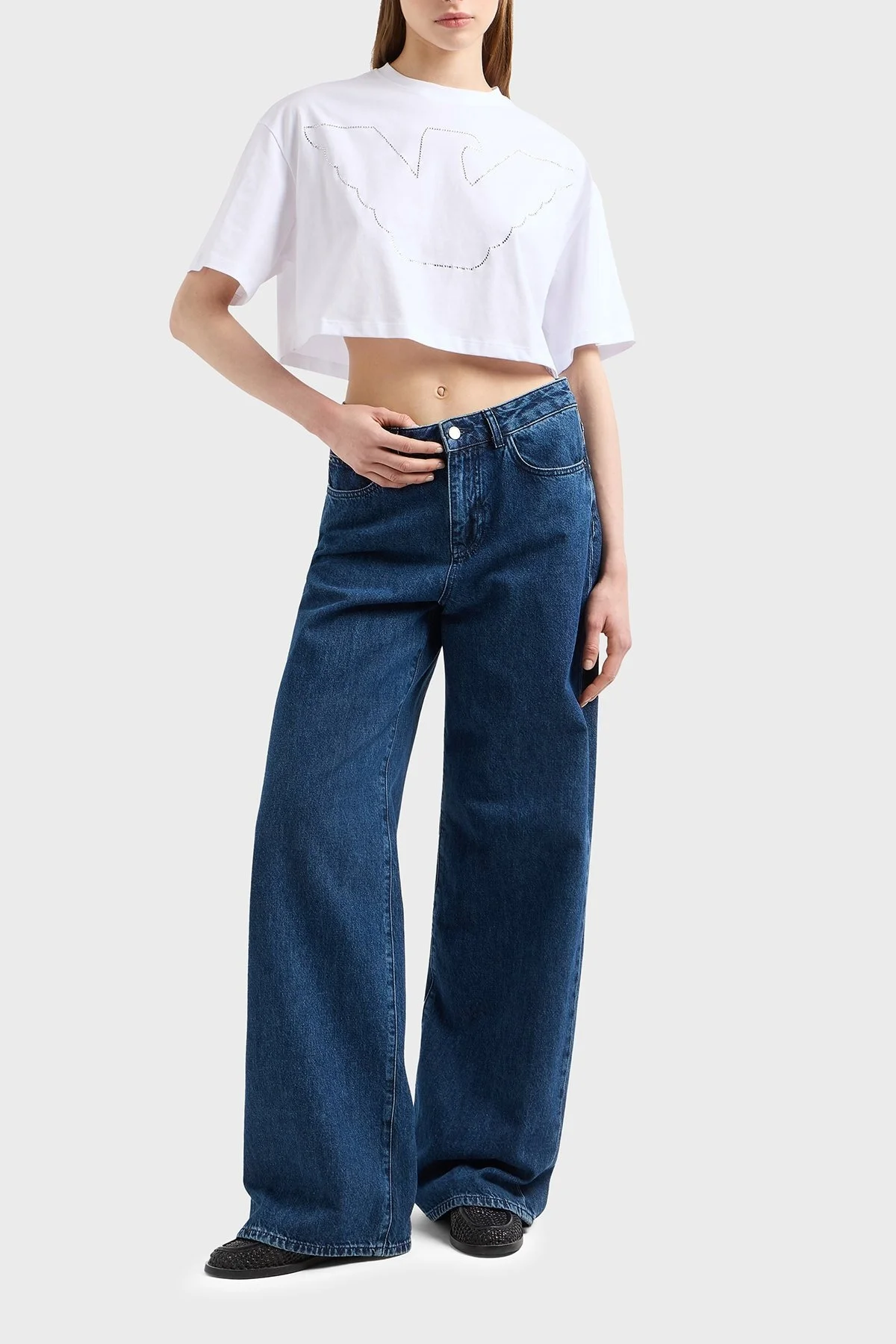 Emporio Armani % 100 Pamuk Regular Fit Bisiklet Yaka Crop Bayan T Shirt EW000897 AF12573 U0002 BEYAZ - 9