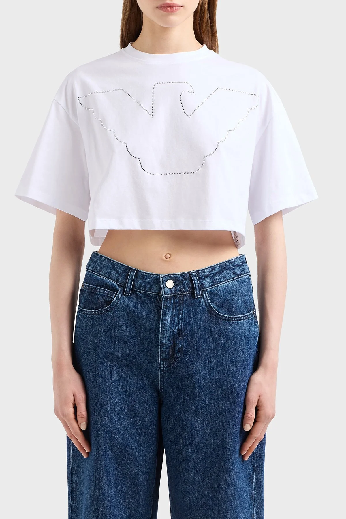 Emporio Armani % 100 Pamuk Regular Fit Bisiklet Yaka Crop Kadın T Shirt EW000897 AF12573 U0002 BEYAZ - 1