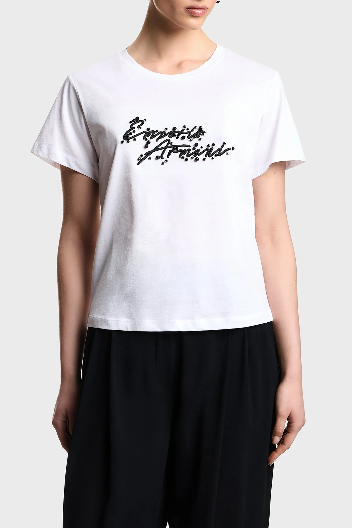 Emporio Armani % 100 Pamuk Regular Fit Bisiklet Yaka Logolu Kadın T Shirt EW003594 AF12597 U0002 BEYAZ - 1