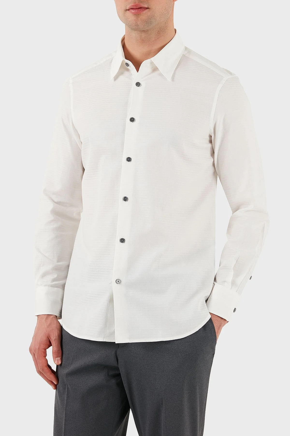 Emporio Armani % 100 Pamuk Regular Fit Düğmeli Uzun Kollu Erkek Gömlek EM001537 AF14341 F0093 BEYAZ - 1