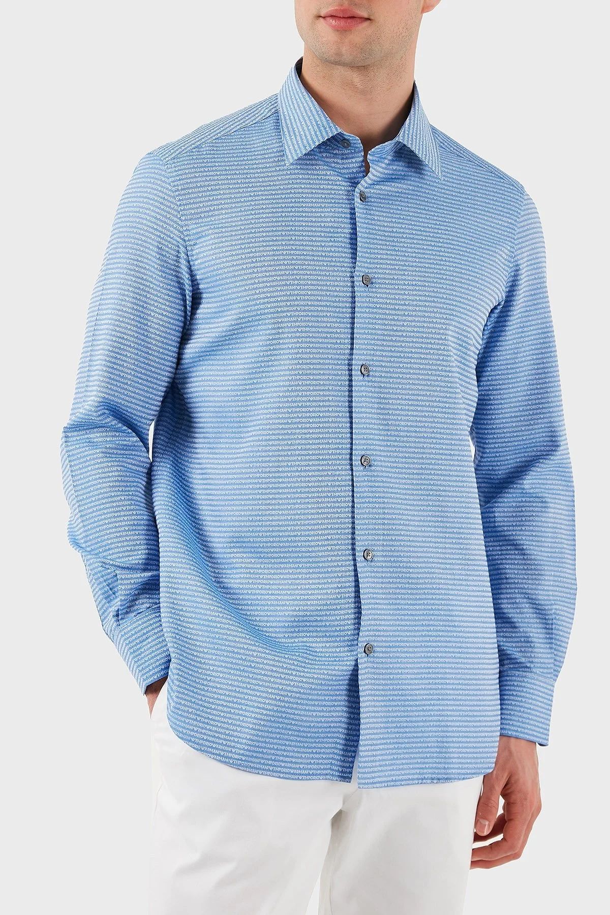 Emporio Armani % 100 Pamuk Regular Fit Düğmeli Uzun Kollu Erkek Gömlek EM001537 AF14341 F9060 AÇIK MAVİ - 7