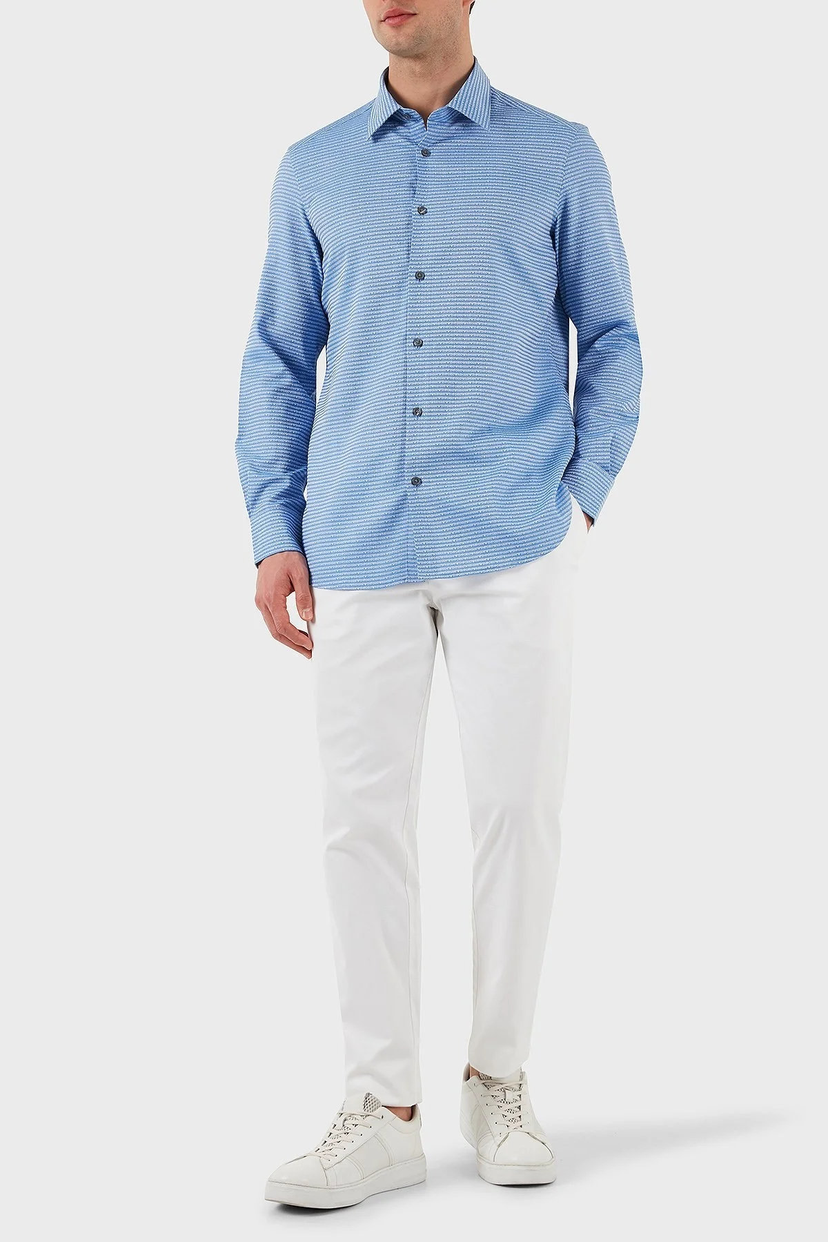 Emporio Armani % 100 Pamuk Regular Fit Düğmeli Uzun Kollu Erkek Gömlek EM001537 AF14341 F9060 AÇIK MAVİ - 8