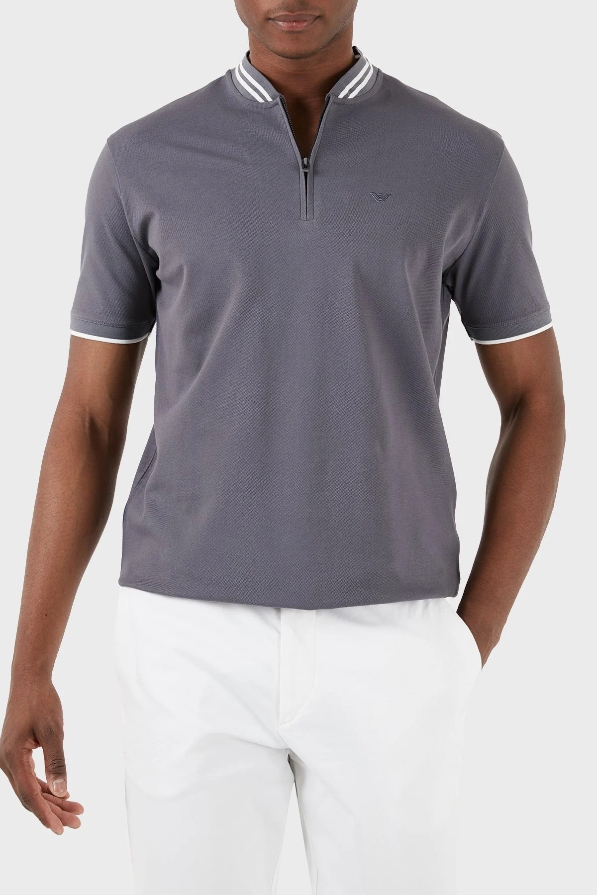 Emporio Armani % 100 Pamuk Regular Fit Fermuarlı Erkek Polo Yaka T Shirt 3D1FM7 1JTKZ 0639 GRİ - 1