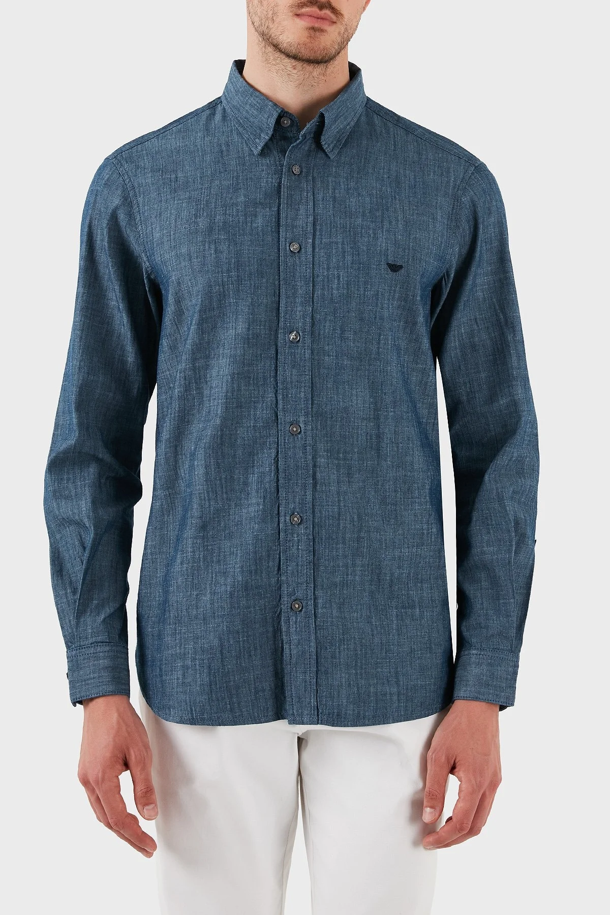 Emporio Armani % 100 Pamuk Regular Fit Uzun Kollu Logolu Erkek Gömlek EM001527 AF15346 U9378 MAVİ - 1
