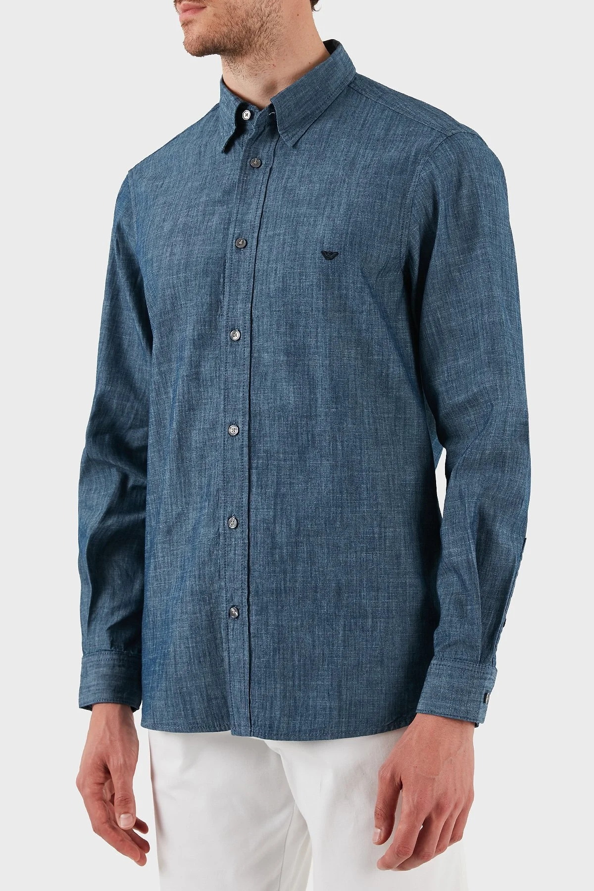 Emporio Armani % 100 Pamuk Regular Fit Uzun Kollu Logolu Erkek Gömlek EM001527 AF15346 U9378 MAVİ - 3