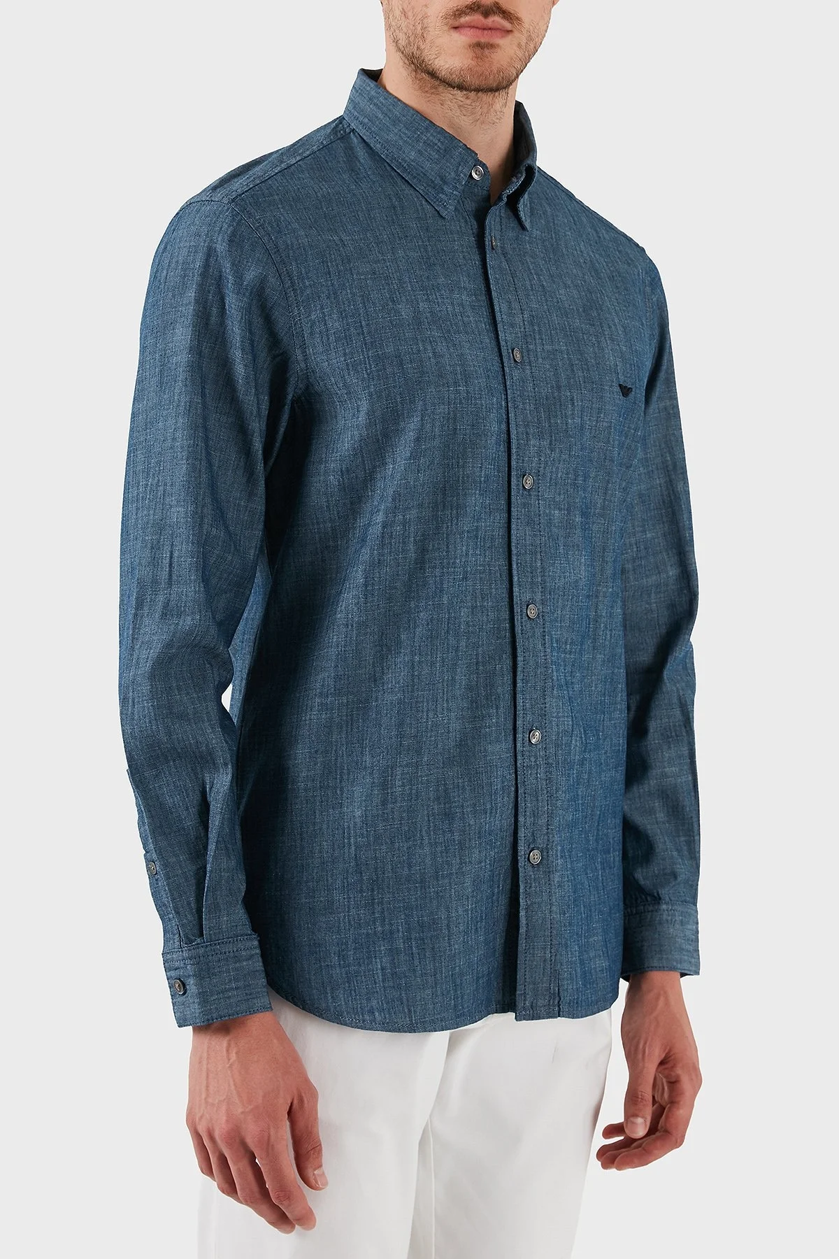 Emporio Armani % 100 Pamuk Regular Fit Uzun Kollu Logolu Erkek Gömlek EM001527 AF15346 U9378 MAVİ - 4