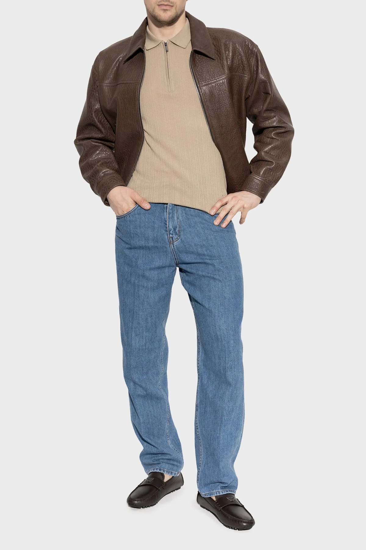 Emporio Armani % 100 Pamuk Relaxed Fit Fermuarlı Erkek Polo Yaka Kazak EM004305 AF23761 U1145 BEJ - 2