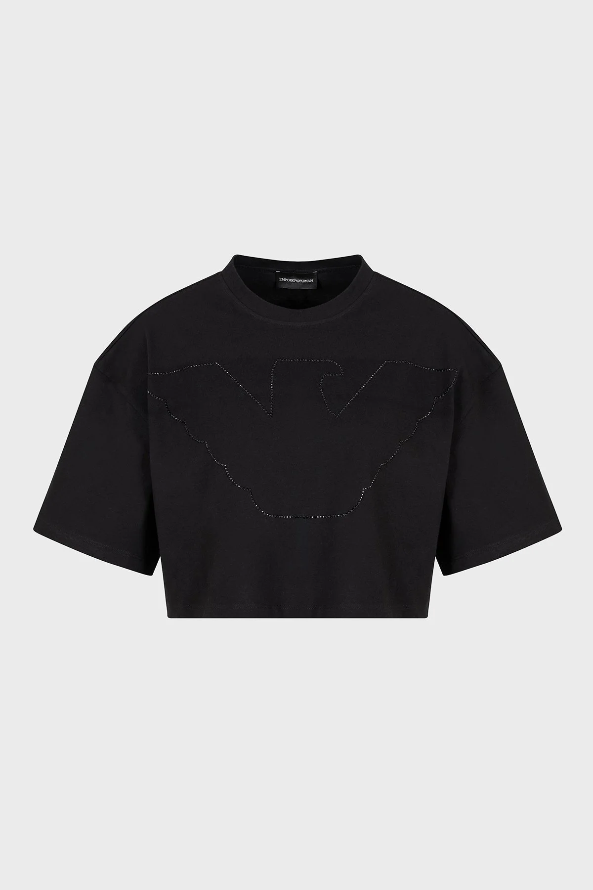 Emporio Armani % 100 Pamuk Taşlı Regular Fit Bisiklet Yaka Crop Bayan T Shirt EW000897 AF12573 UC001 SİYAH - 10