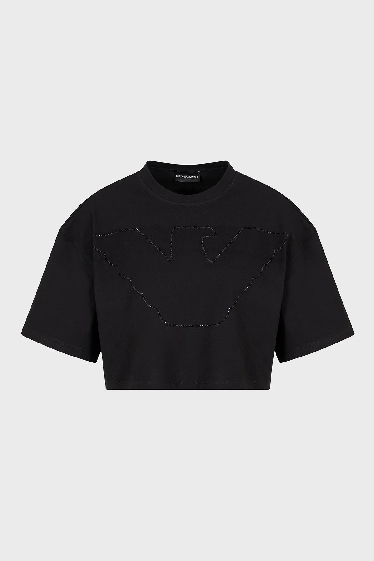Emporio Armani % 100 Pamuk Taşlı Regular Fit Bisiklet Yaka Crop Kadın T Shirt EW000897 AF12573 UC001 SİYAH - 5