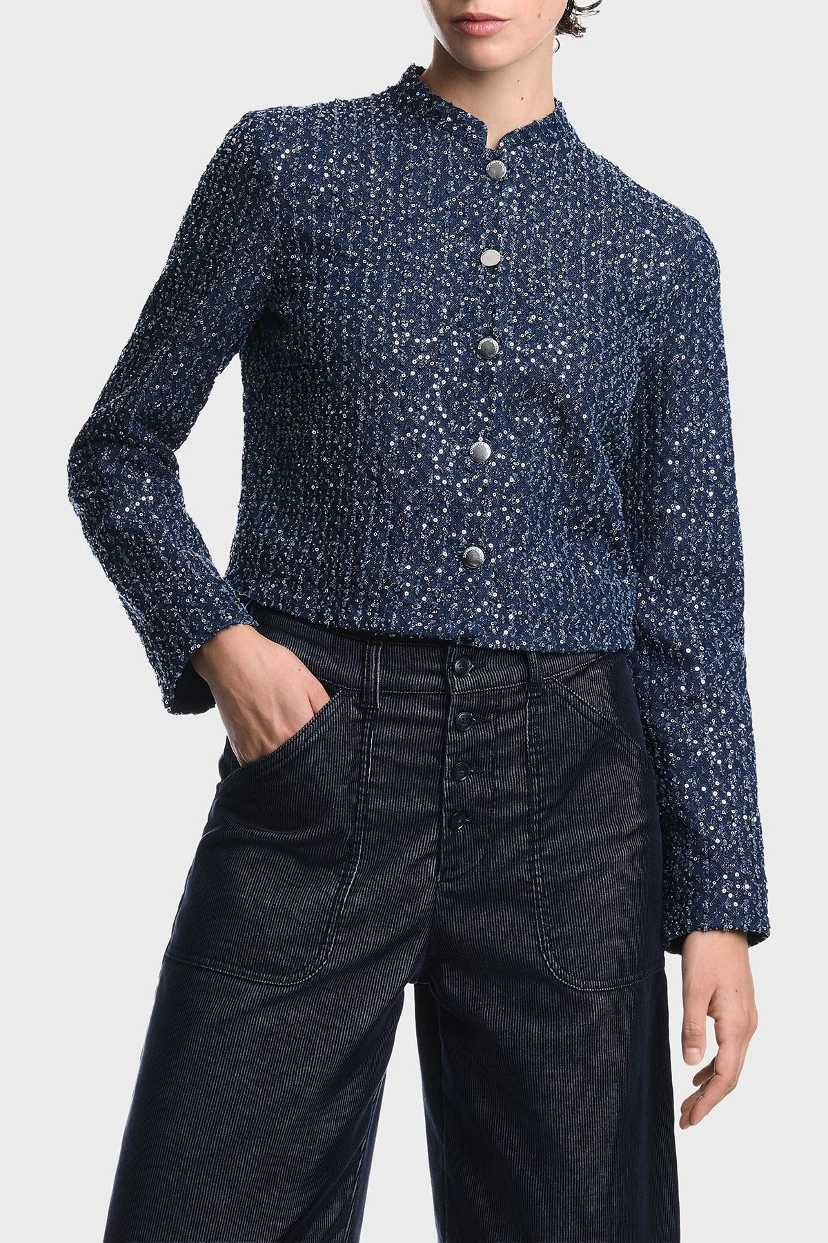 Emporio Armani %100 Pamuk Yuvarlak Yaka Düğmeli Kadın Ceket EW004807 AF26175 MB001 Lacivert - 1