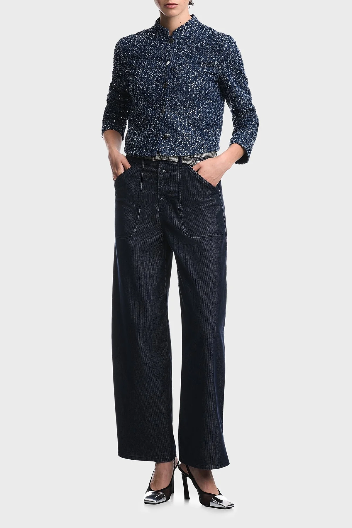 Emporio Armani %100 Pamuk Yuvarlak Yaka Düğmeli Kadın Ceket EW004807 AF26175 MB001 Lacivert - 2