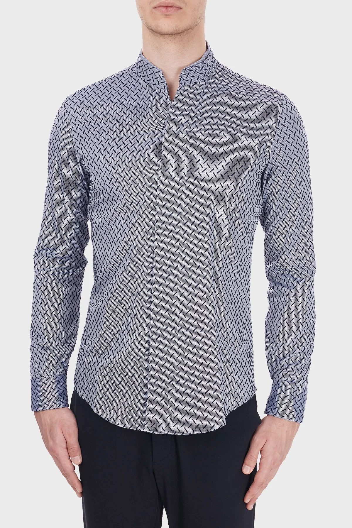 Emporio Armani % 100 Pamuklu Dik Yaka Uzun Kollu Erkek Gömlek 91SS1T 910F7 039 LACİVERT - 7