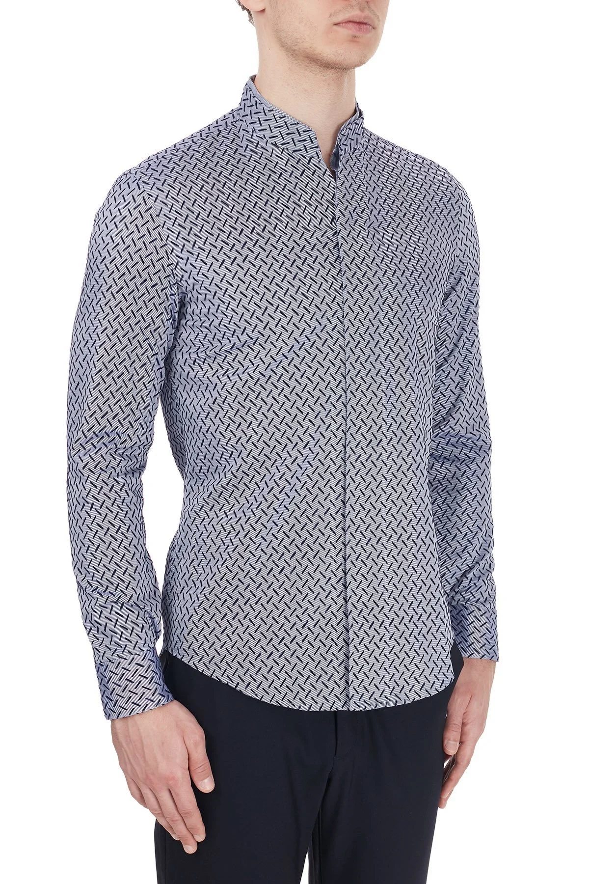 Emporio Armani % 100 Pamuklu Dik Yaka Uzun Kollu Erkek Gömlek 91SS1T 910F7 039 LACİVERT - 10