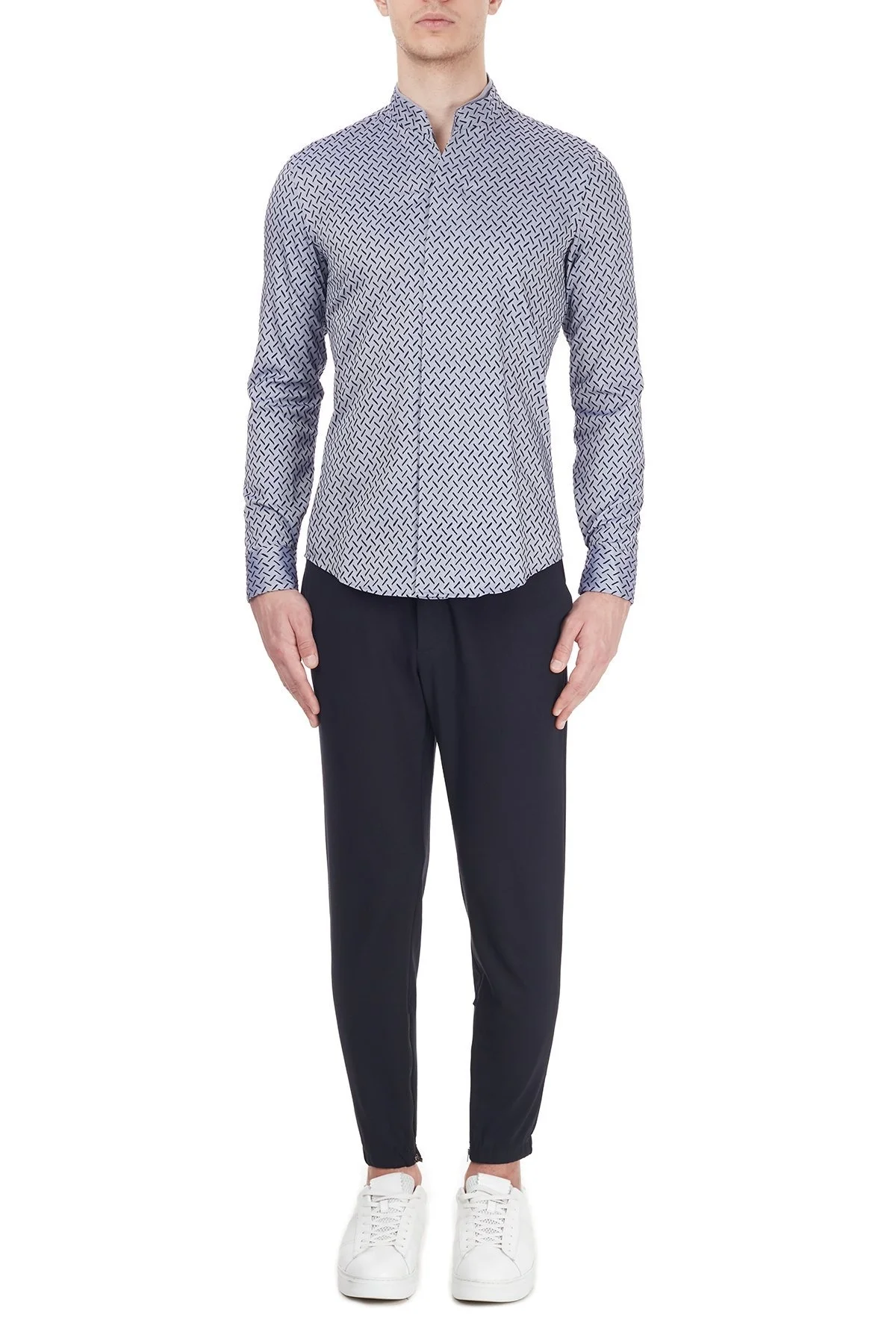 Emporio Armani % 100 Pamuklu Dik Yaka Uzun Kollu Erkek Gömlek 91SS1T 910F7 039 LACİVERT - 11