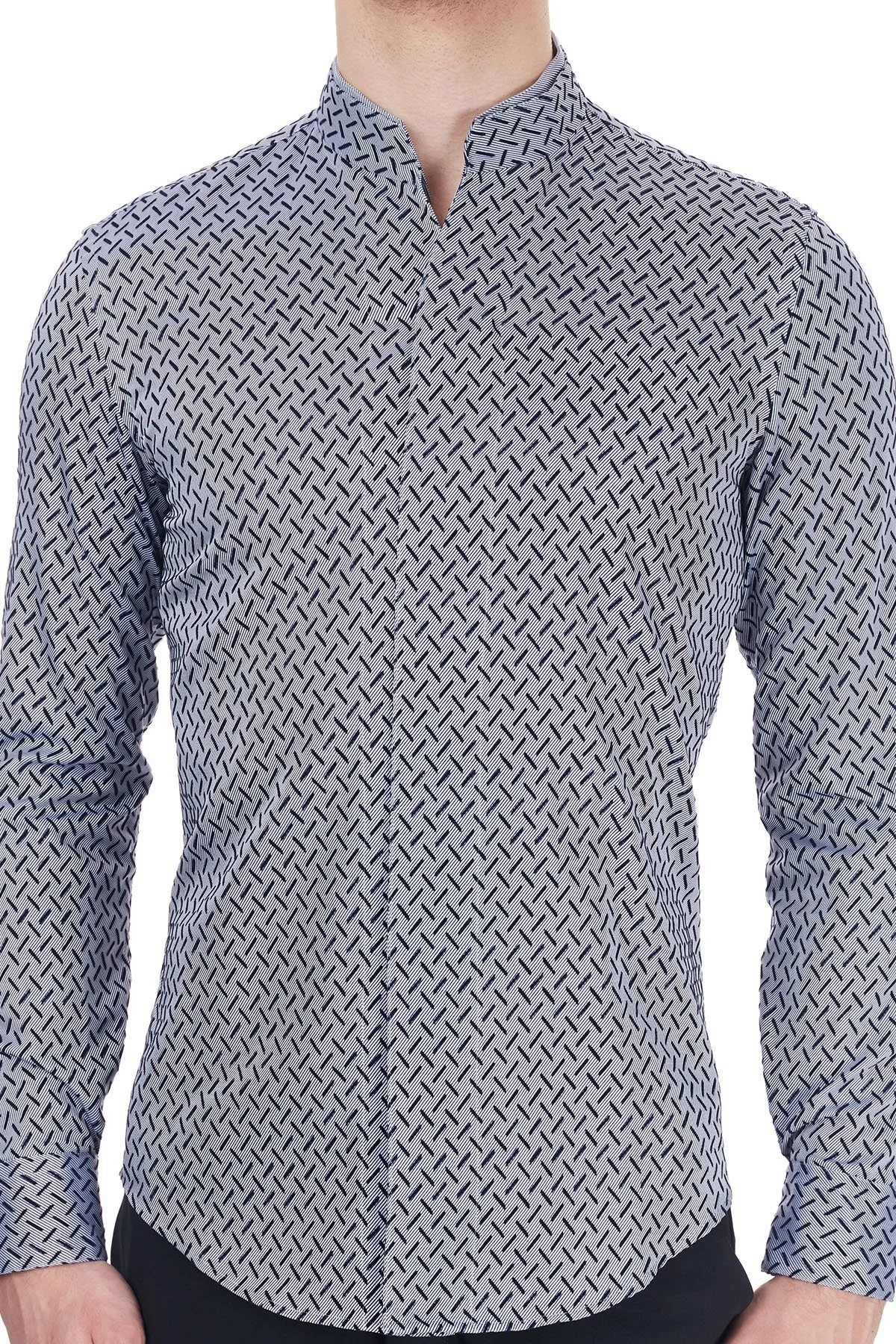 Emporio Armani % 100 Pamuklu Dik Yaka Uzun Kollu Erkek Gömlek 91SS1T 910F7 039 LACİVERT - 12