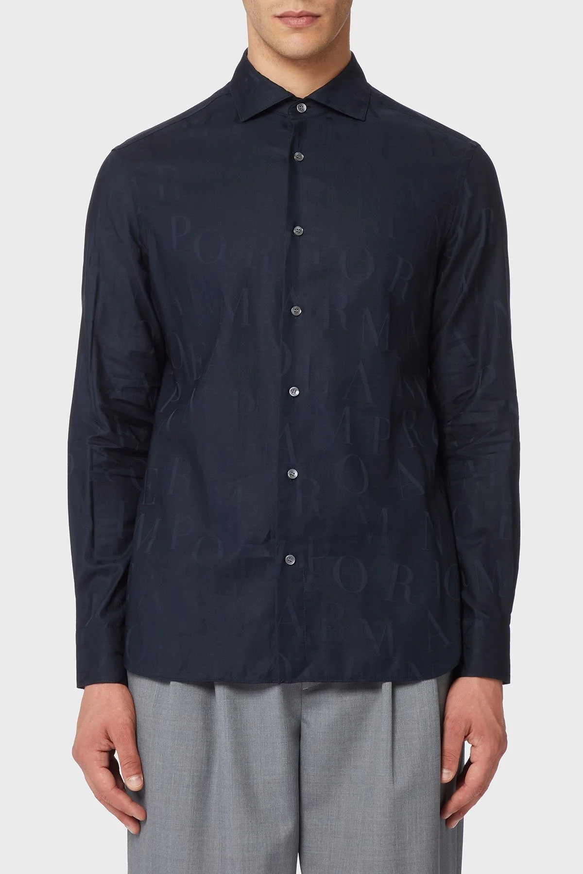 Emporio Armani % 100 Pamuklu Logo Desenli Regular Fit Erkek Gömlek 6R1C86 1K0TZ F907 LACİVERT - 1