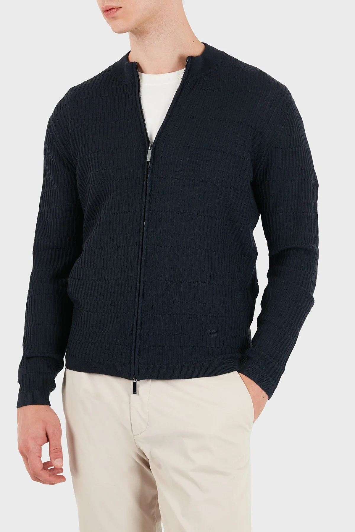 Emporio Armani % 100 Yün Bisiklet Yaka Fermuarlı Erkek Hırka EM006315 AF27831 FB065 Lacivert - 6