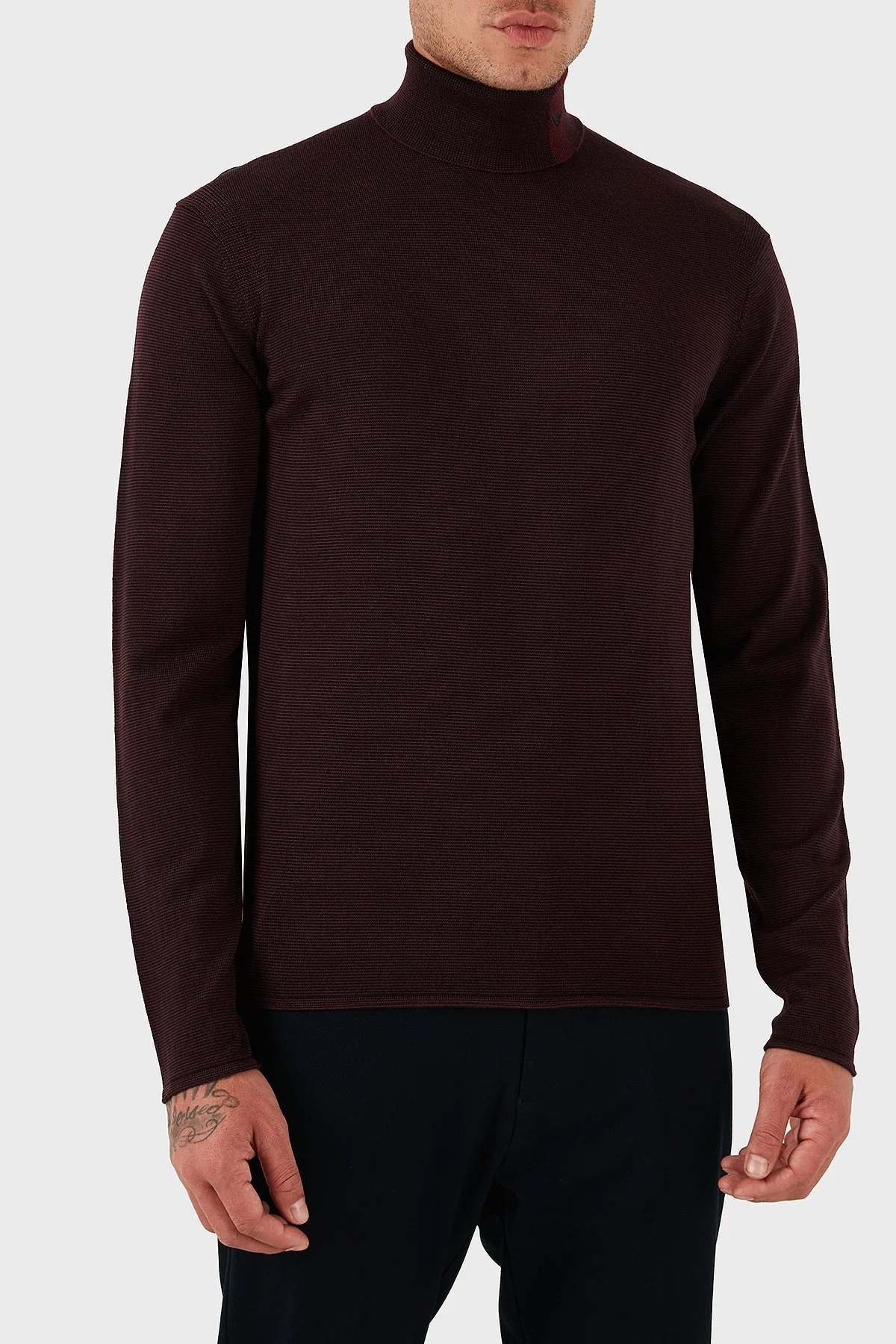 Emporio Armani % 100 Yün Regular Fit Balıkçı Yaka Logolu Erkek Kazak EM002025 AF14195 F5009 BORDO - 3